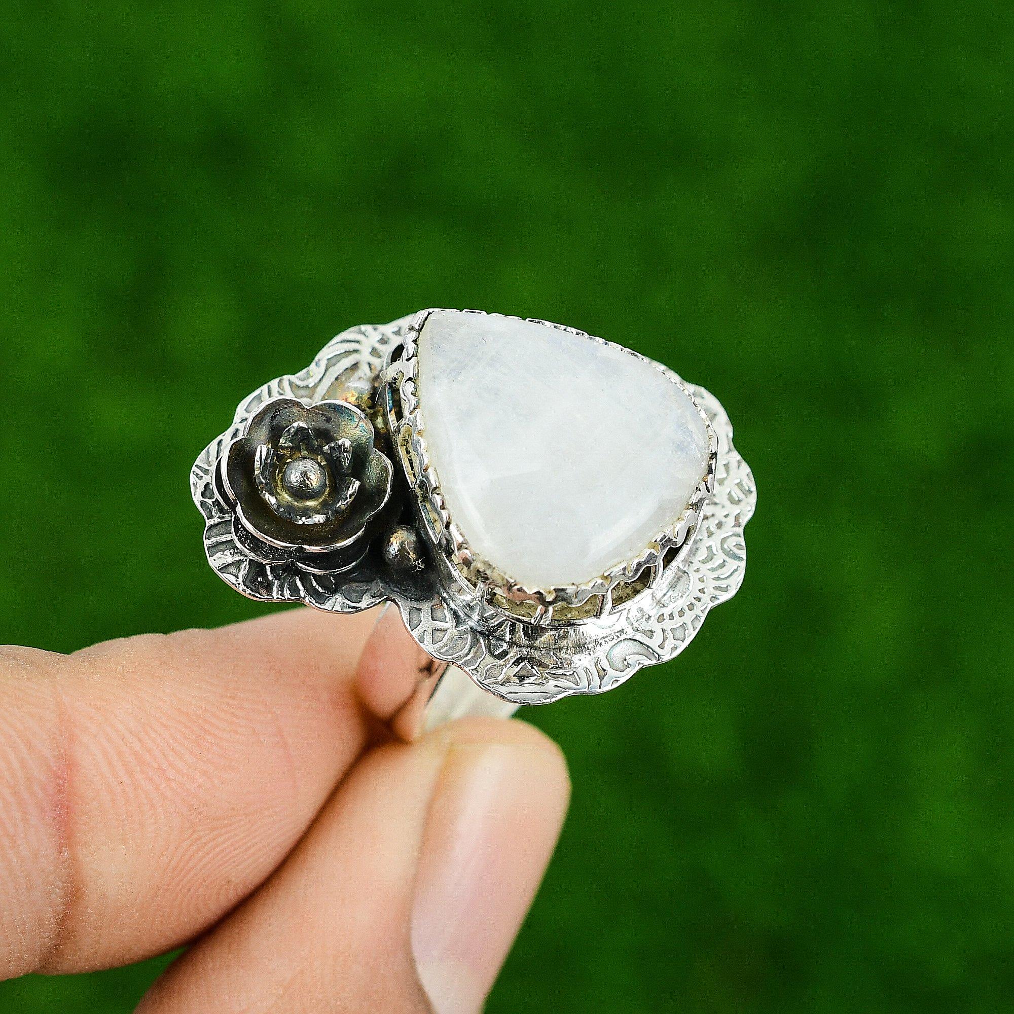 Natural Rainbow Moonstone Sterling Silver Flower Engagement Solitaire Wife Ring