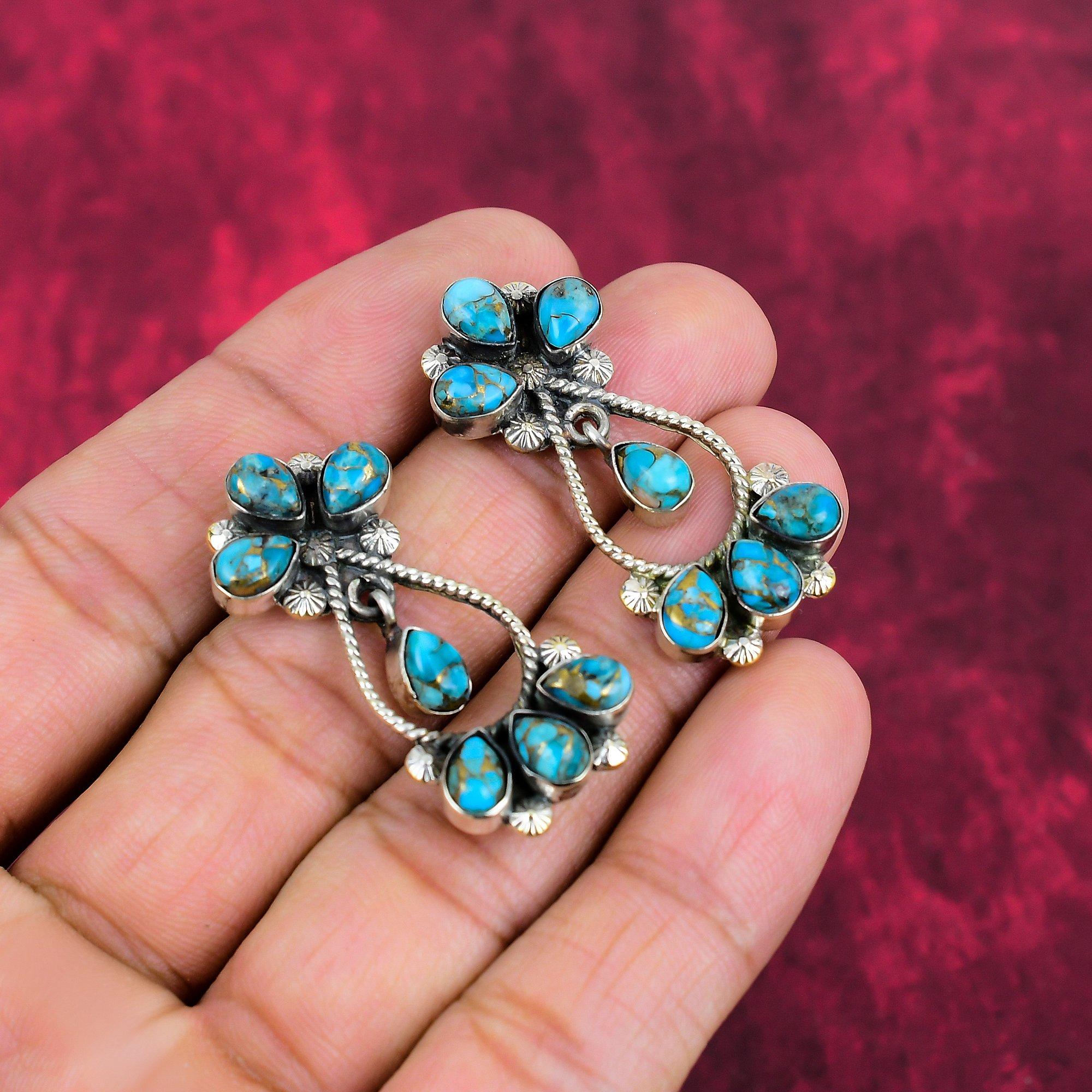 Медно-голубые бирюзовые ювелирные изделия, серьги ручной работы с драгоценными камнями, 925 пробы цельные серьги из стерлингового серебра, антикварные ювелирные изделия, для подарка на помолвку