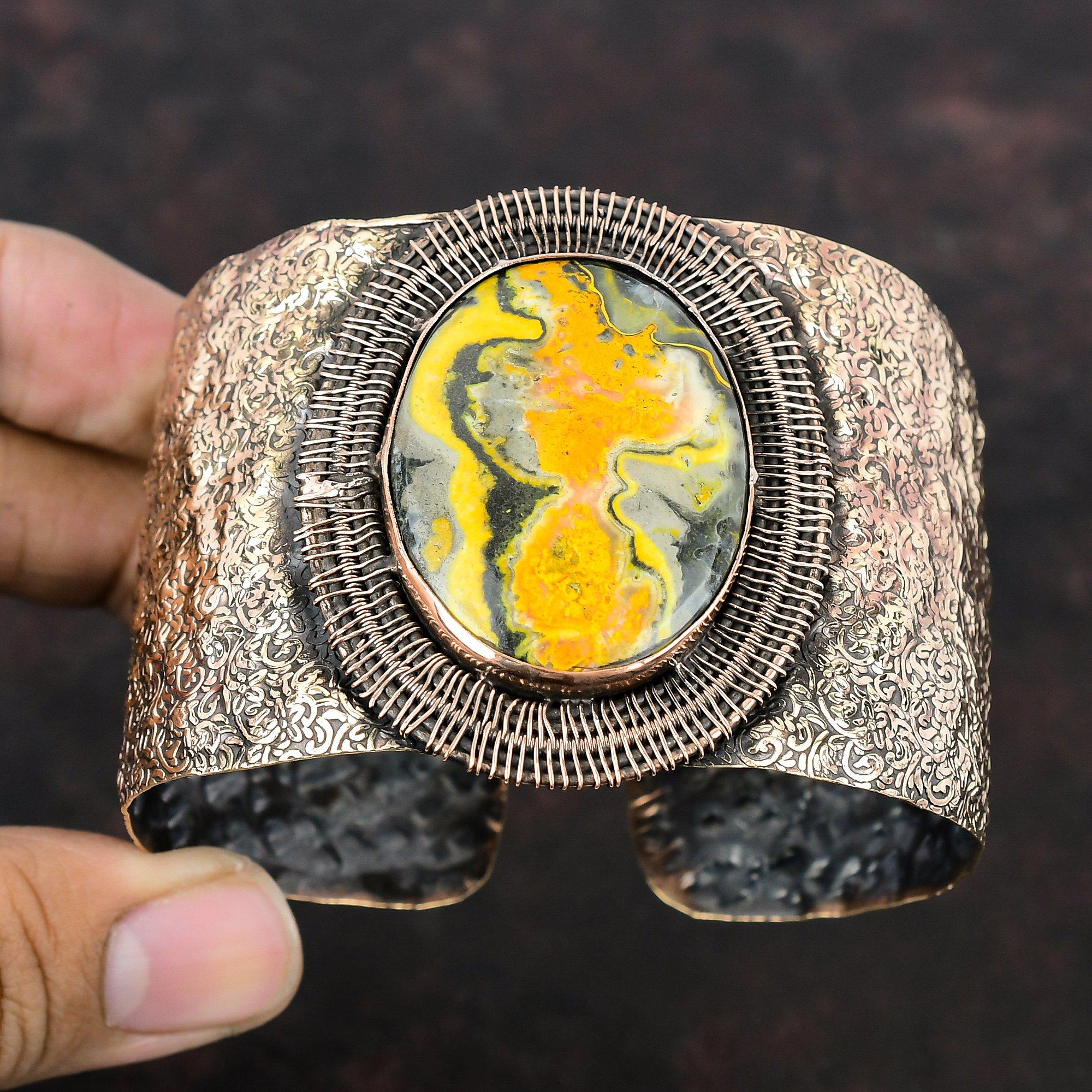 Браслет-манжета из яшмы с шмелем, медная проволока, ювелирные изделия из драгоценных камней, регулируемый браслет-манжета ручной работы, свадебный подарок, браслет из медной проволоки