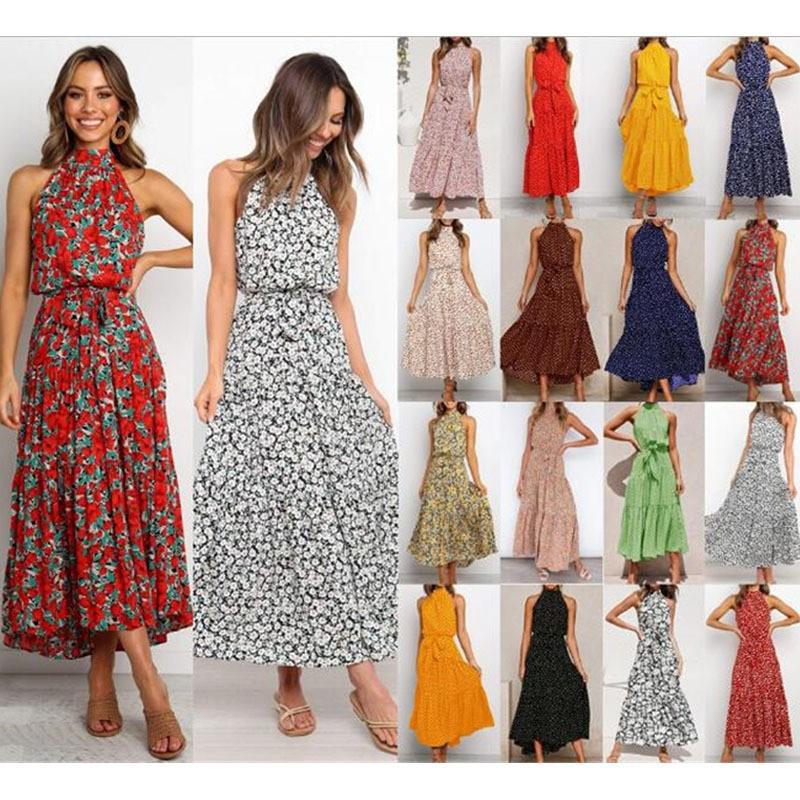 Summer Women's Dress Polka Dot Printed Long Dress Hanging Neck Tie Dresses
