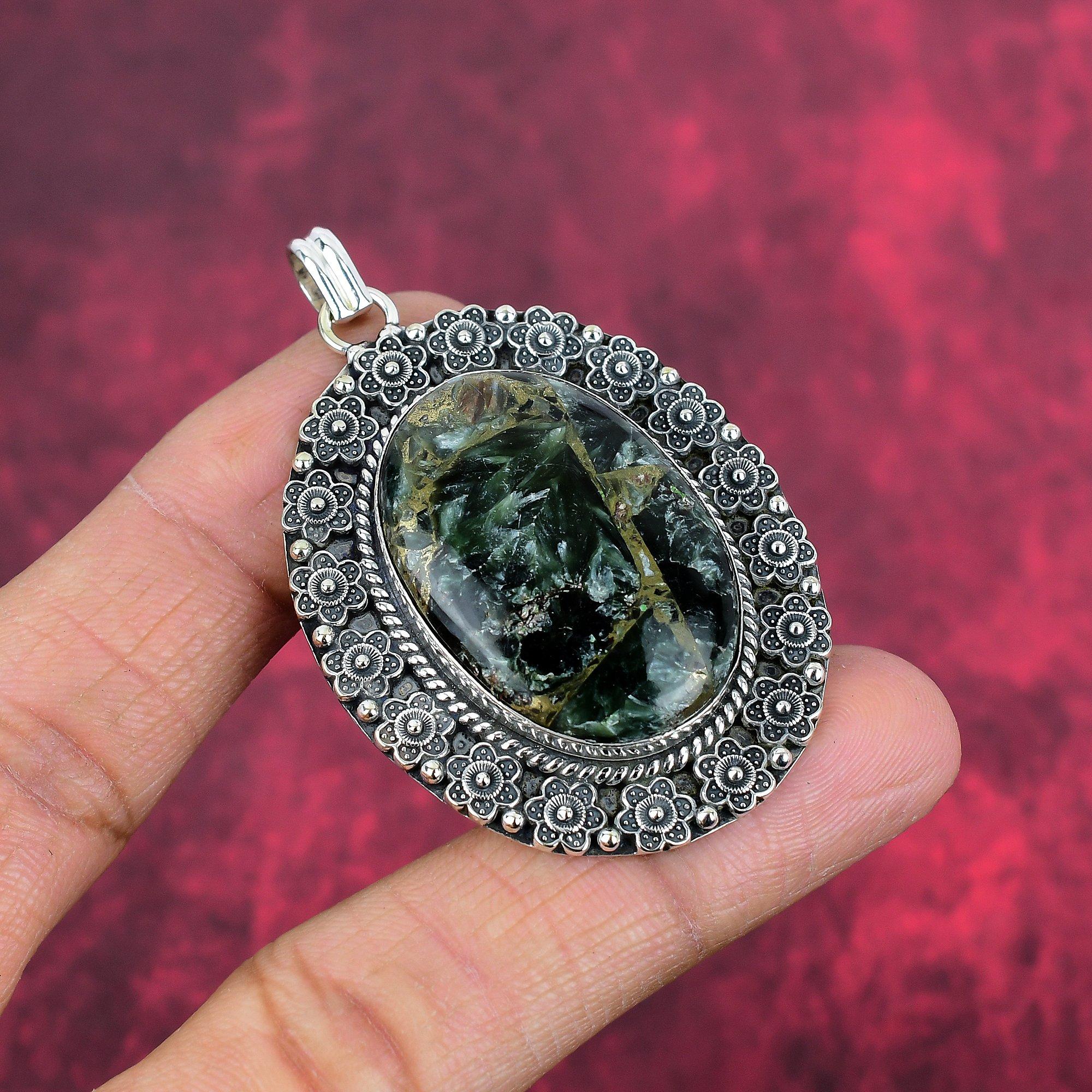 Подвеска из стерлингового серебра 925 пробы с драгоценным камнем серафинитом, великолепная подвеска на цепочке из серебра ручной работы, подарок на День благодарения