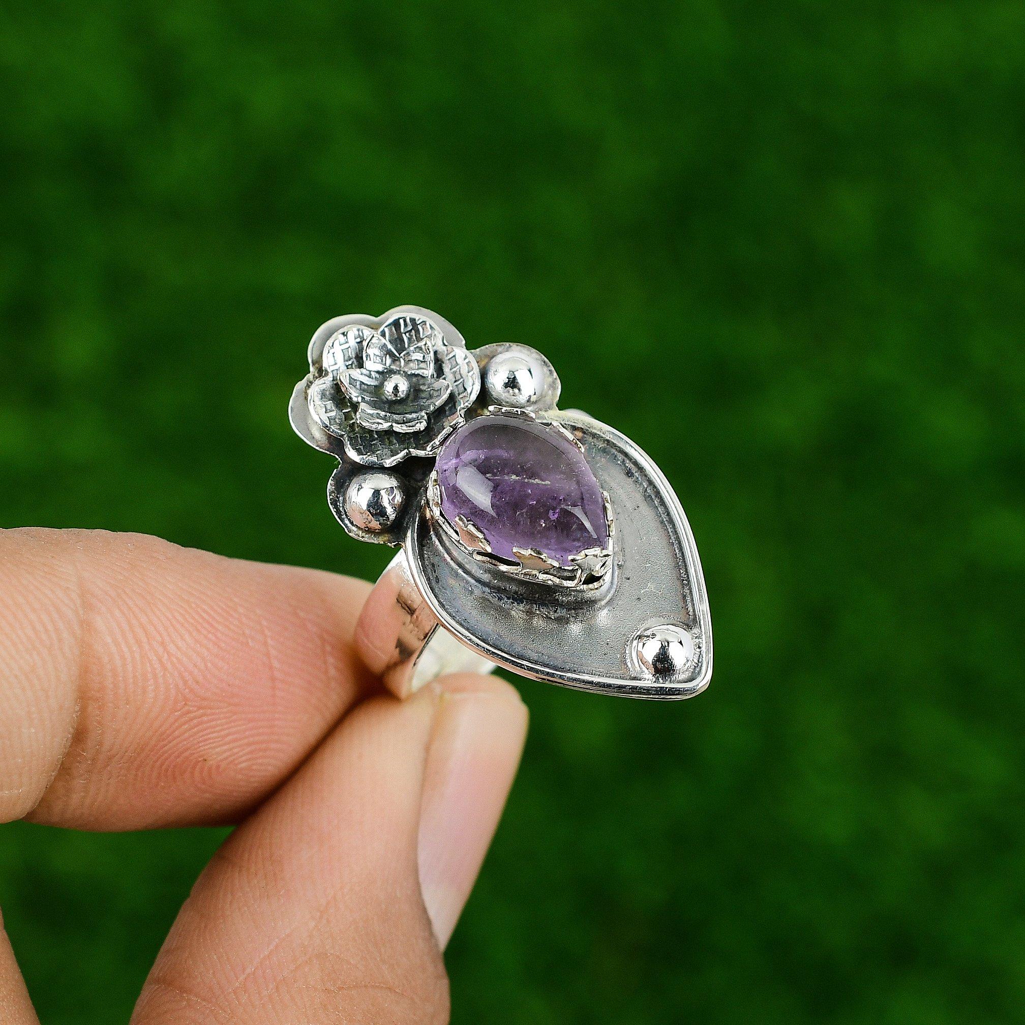 Натуральный африканский аметист, кольцо-заявление в виде цветка, регулируемое, серебро 925 пробы