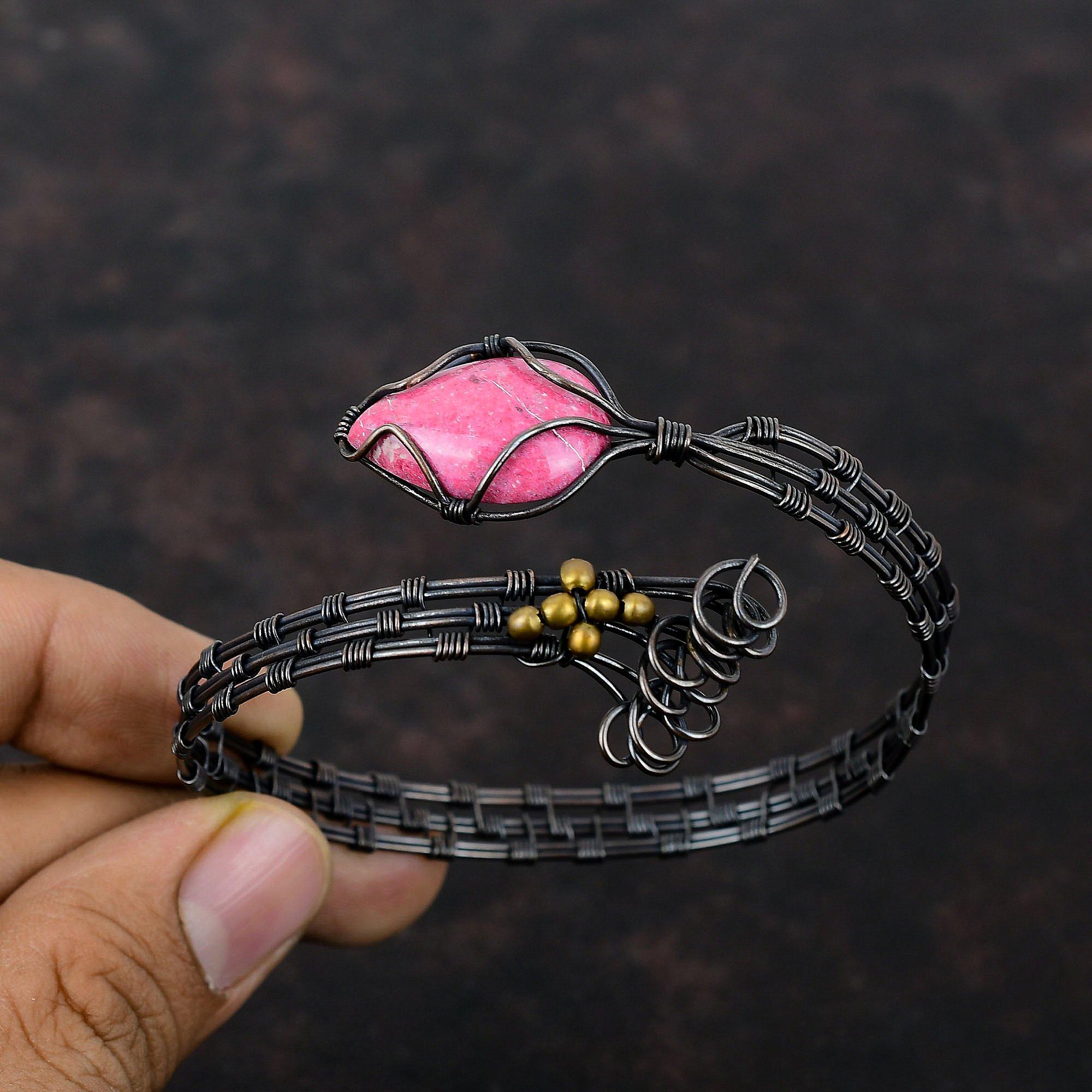 Браслет-манжета Thulite, браслет ручной работы с драгоценными камнями, ювелирные изделия из медной проволоки, регулируемый браслет, браслет-манжета из медной проволоки, подарок для мамы