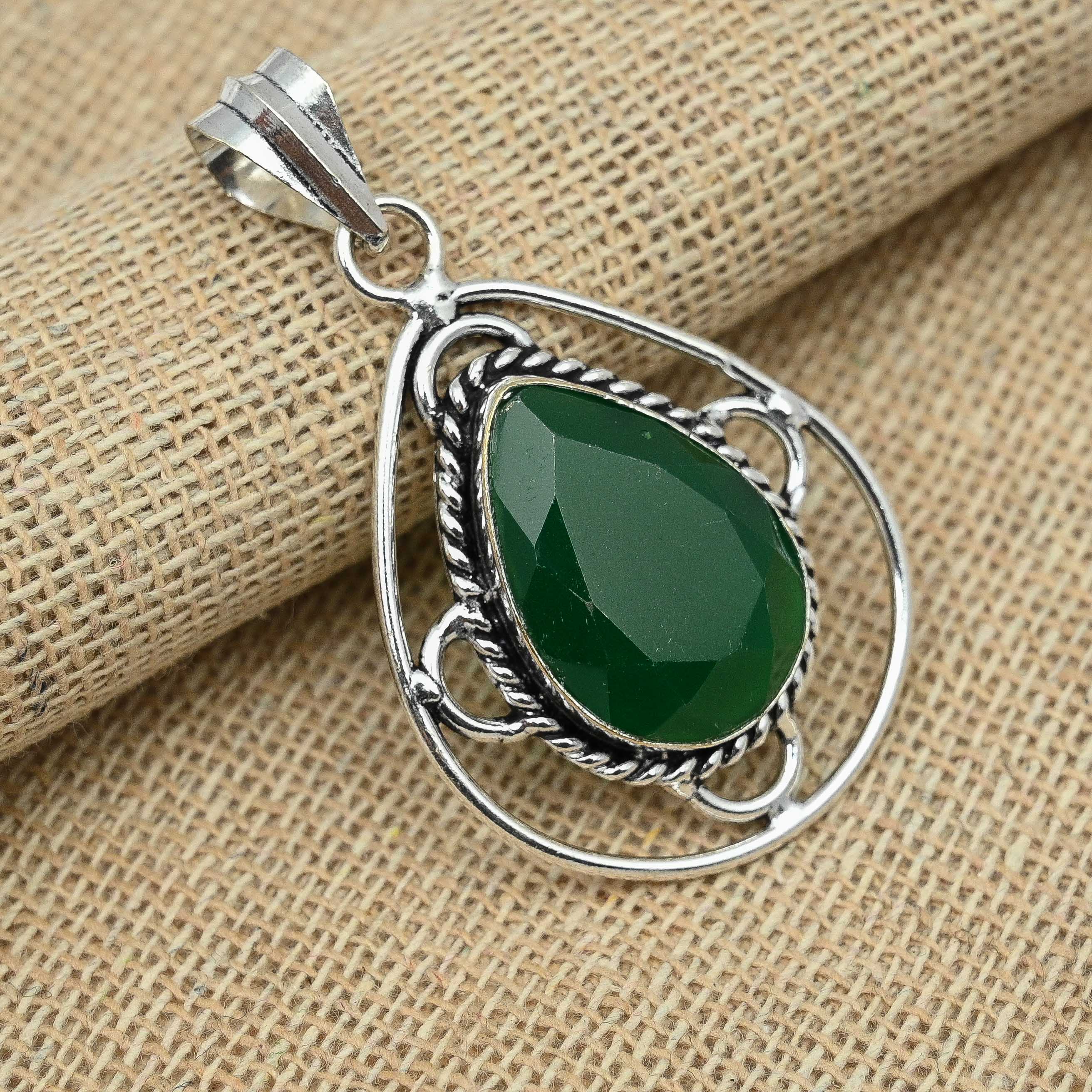Ограненный зеленый оникс, драгоценный камень, стерлинговое серебро 925 пробы, необычные подвески ручной работы, ювелирные изделия