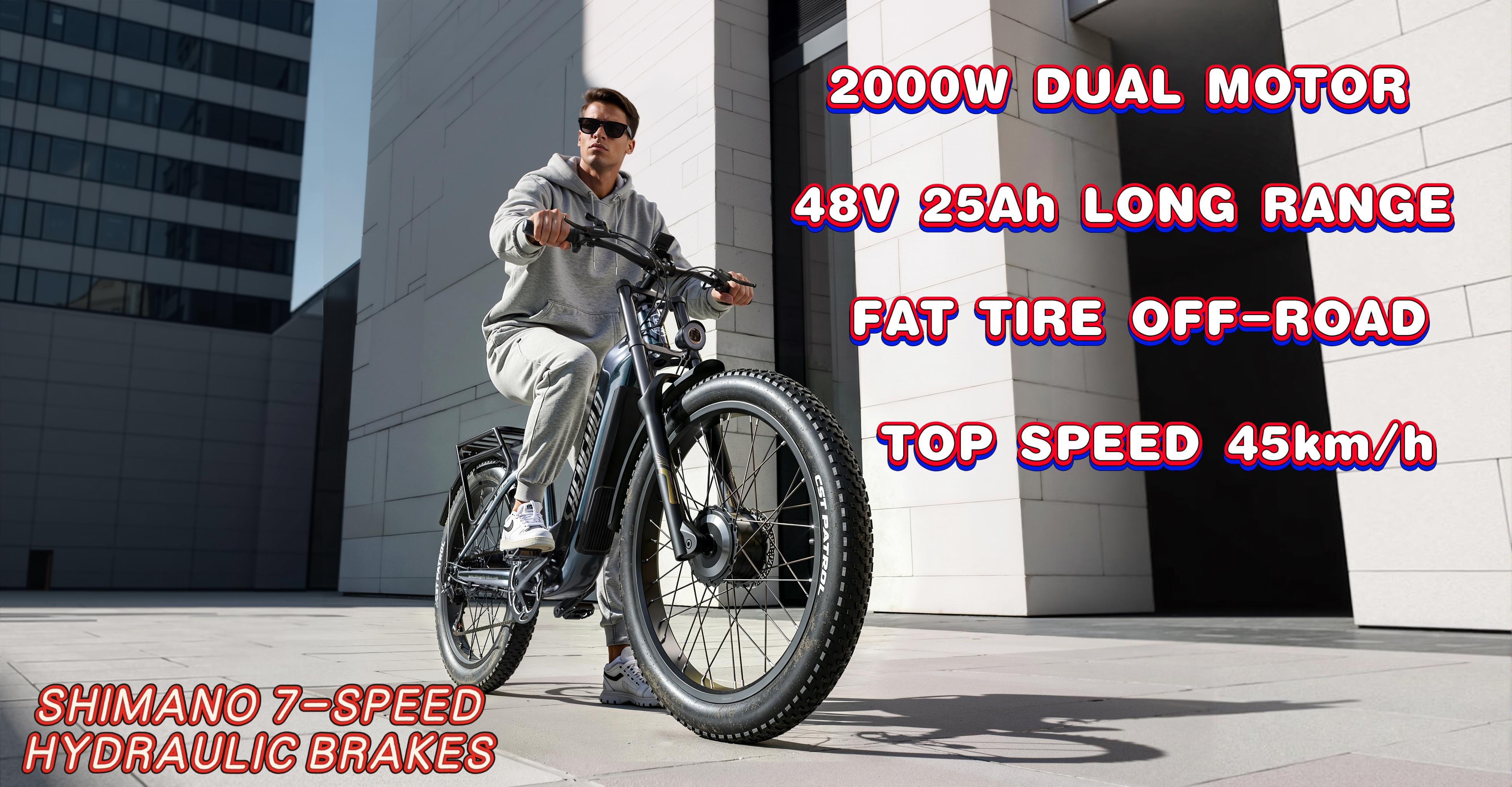 Shengmilo S700 PRO All Terrain E-Bike 2000W Dual Motor 45km/h 40° Climb 26" Fat Tire Electric Bike with IP65 Color Display