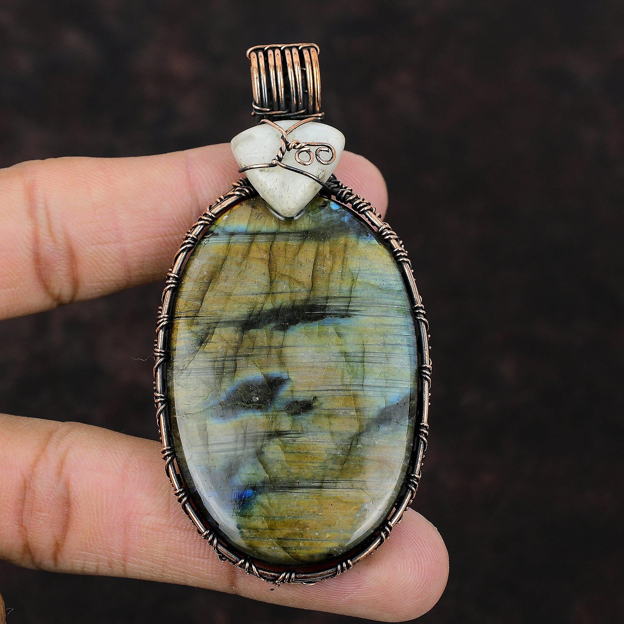 Подвеска из лабрадорита с драгоценным камнем, медная проволока, обернутая подвеска, ювелирные изделия из лунного камня, подвеска ручной работы, подарок для нее, уникальные медные украшения, целебный камень