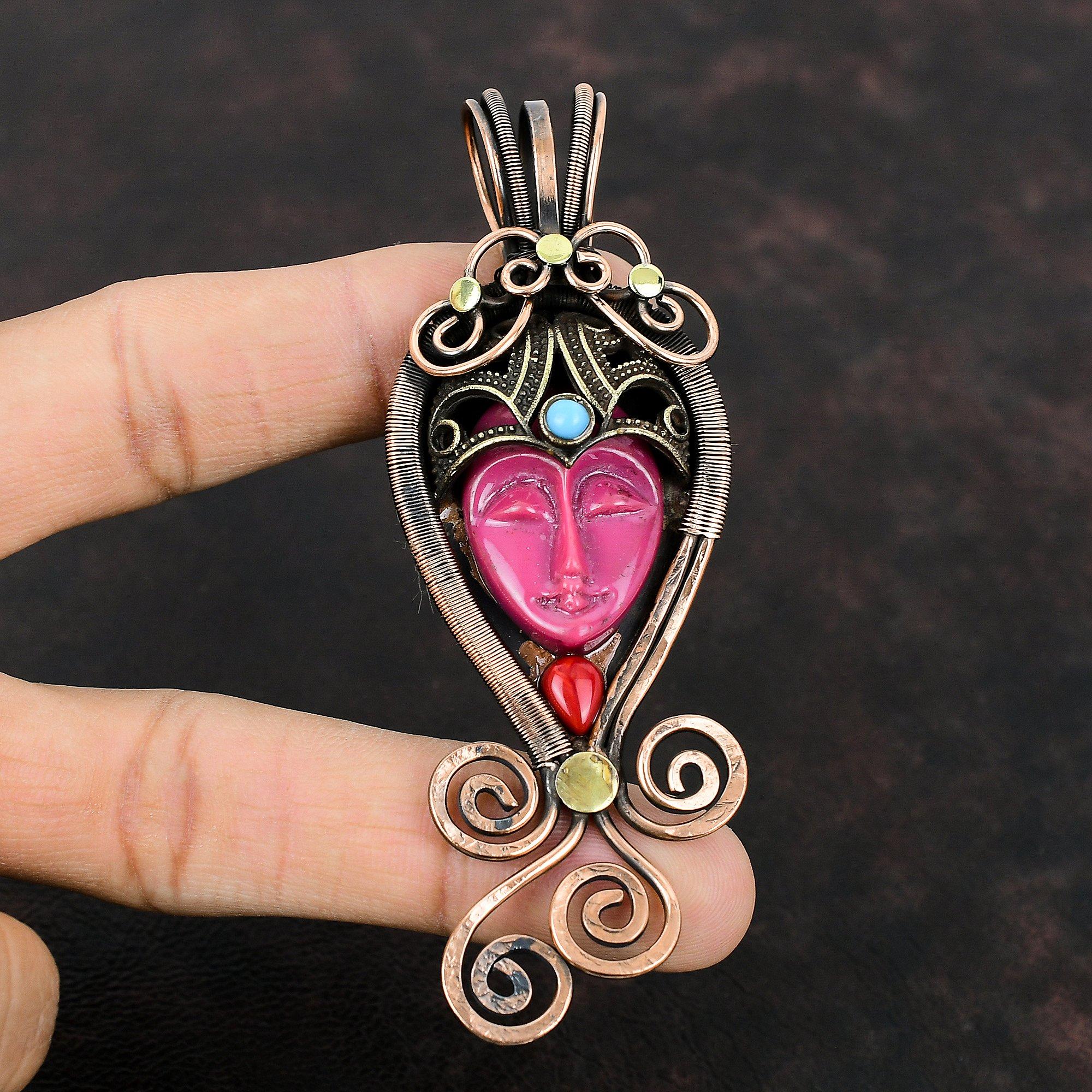 Розовая резная кость с лицом, кулон с драгоценным камнем, медная проволока, кулон, итальянский коралловый и бирюзовый кулон, медные украшения ручной работы, подарок на помолвку