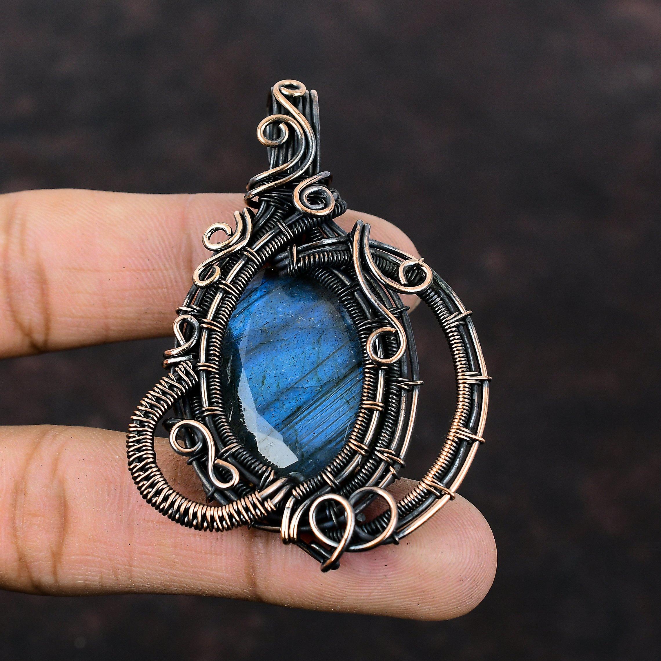 Кулон с ограненным лабрадоритом, обернутый медной проволокой, натуральный лабрадорит, ювелирные изделия ручной работы, кулон из драгоценного камня, медные ювелирные изделия, подарок для матери