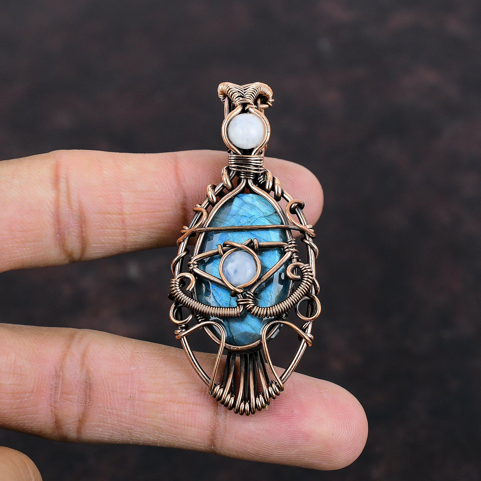 Evil Eye Faceted Labradorite Pendant Copper Wire Wrapped Pendant Handmade Ethnic Jewelry Rainbow Moonstone Gemstone Pendant Gift For Mother