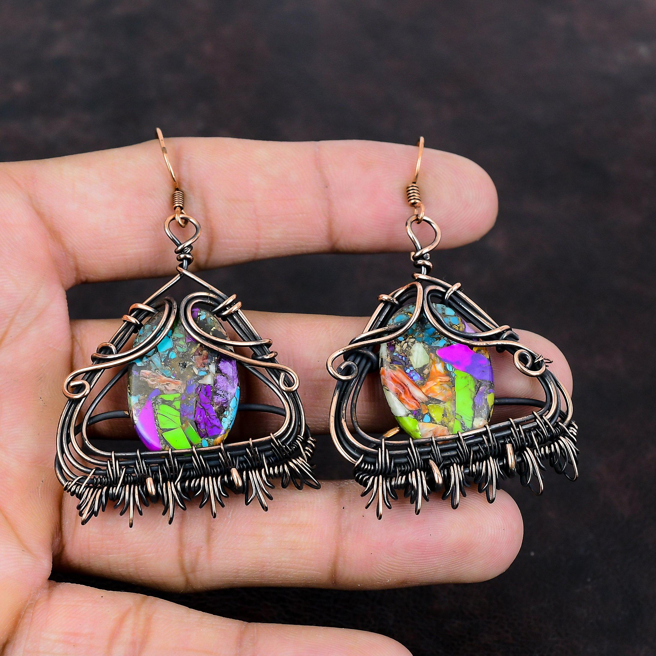Серьги Fiesta Kingman с бирюзой, мультимедные серьги с бирюзой, серьги из медной проволоки, обернутые драгоценными камнями, медные ювелирные изделия ручной работы, подарок для женщин