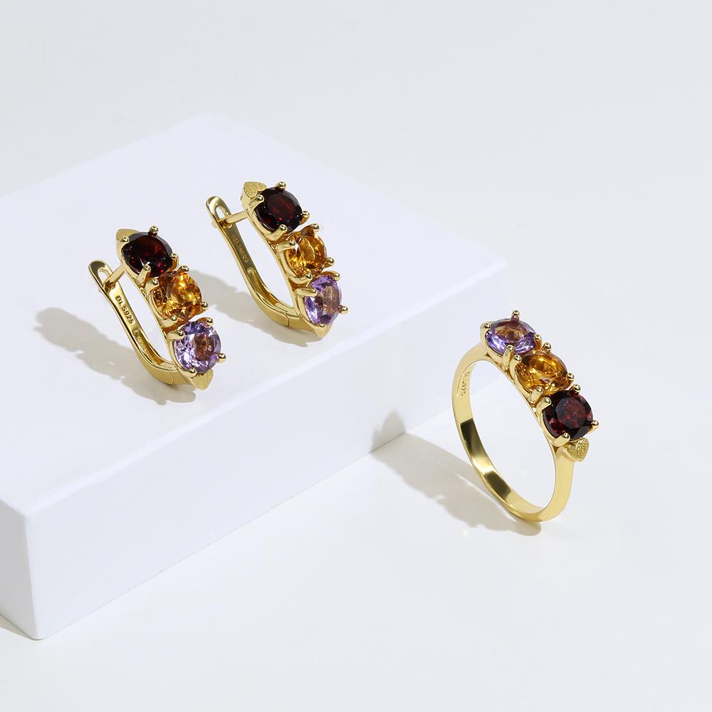 925 Sterling Silver Jewelry Set Natural Mix Gemstones Round 6mm Clasp Earrings Rings Classic Designs for Women Wife Nice Gift