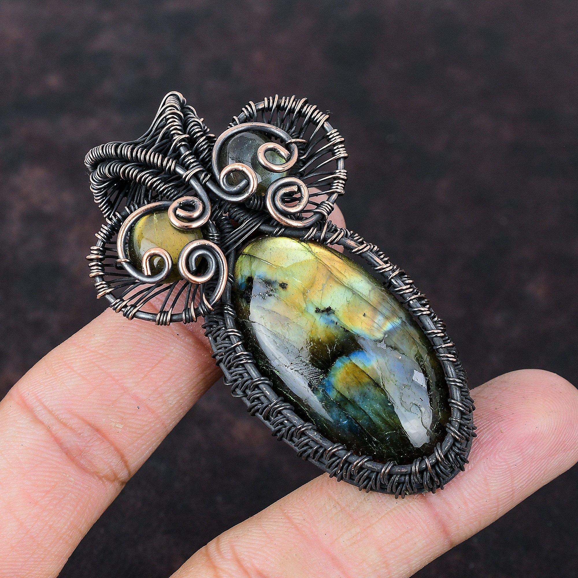 Кулон из лабрадорита, обернутый медной проволокой, ювелирное изделие ручной работы, кулон из лабрадорита, обернутый драгоценным камнем, уникальный медный кулон для подарка