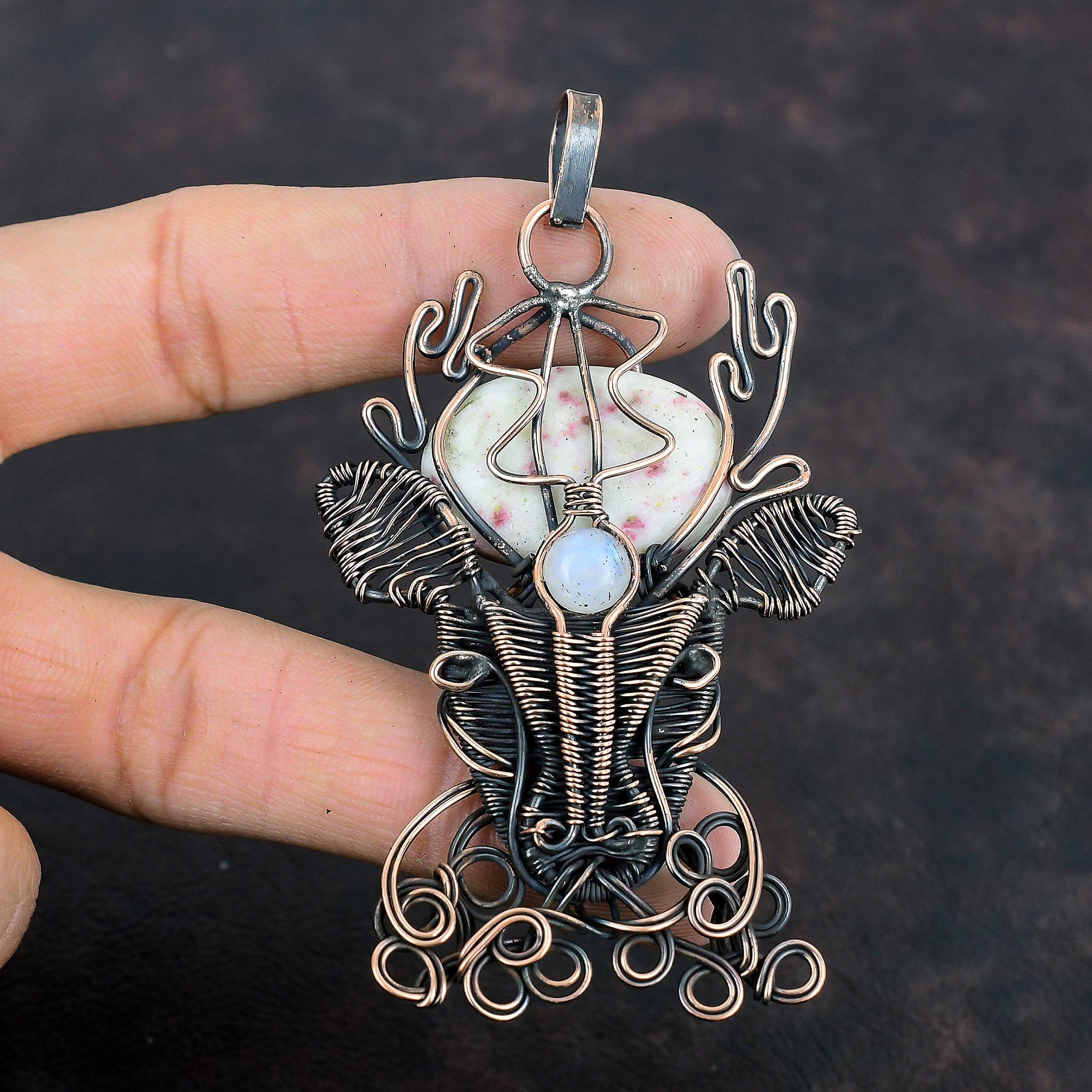 Подвеска из киновари, подвеска из медной проволоки с драгоценным камнем, подвеска из радужного лунного камня, подвеска ручной работы в виде морды оленя, медные украшения, подарки на помолвку