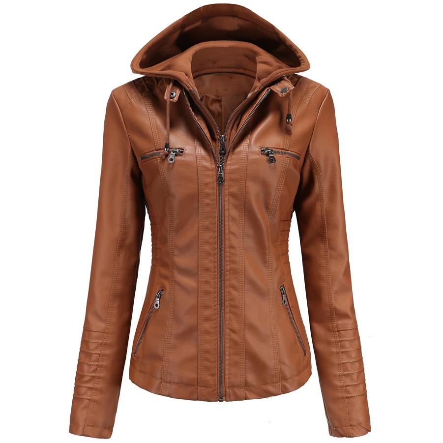 Women's Removable Hooded Faux Leather Jacket Motocross Racer Biker Double Zip Slim PU Motorcycle Short Moto Coat Classic Bomber Outerwear S-4XL