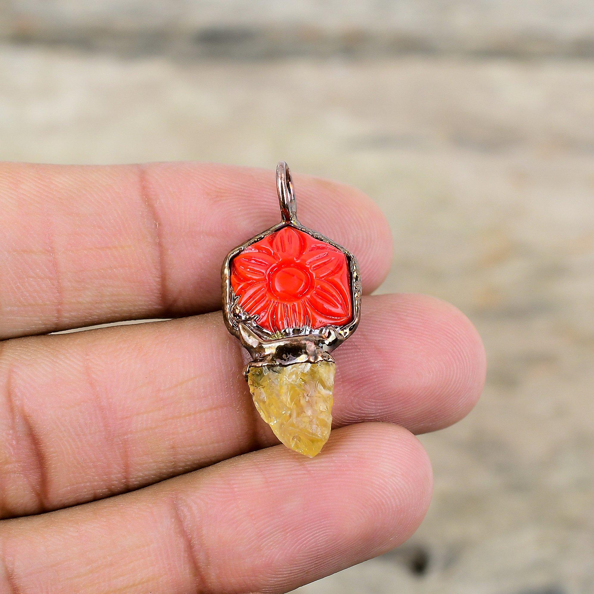 Резной красный оникс с цитрином, грубая подвеска, медный кулон, изготовленный гальваническим способом, ювелирные изделия ручной работы, кулон с драгоценным камнем, ювелирные изделия, изготовленные гальваническим способом, подарок для нее
