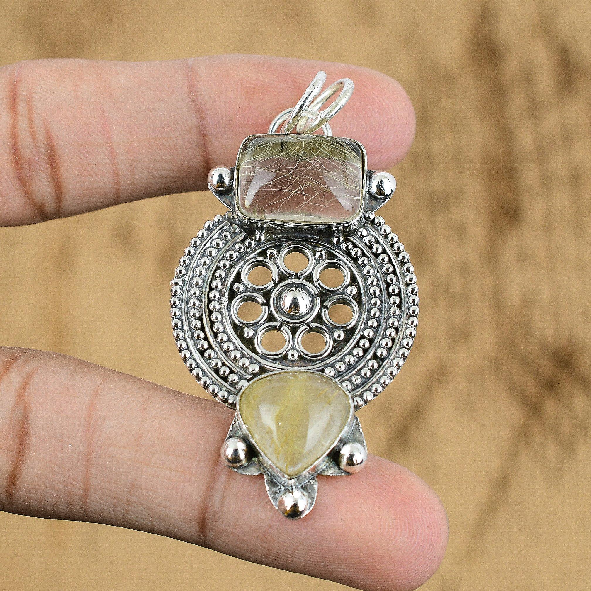 Womens Day Deal Natural Golden Rutile Engagement Trendy Pendant Sterling Silver