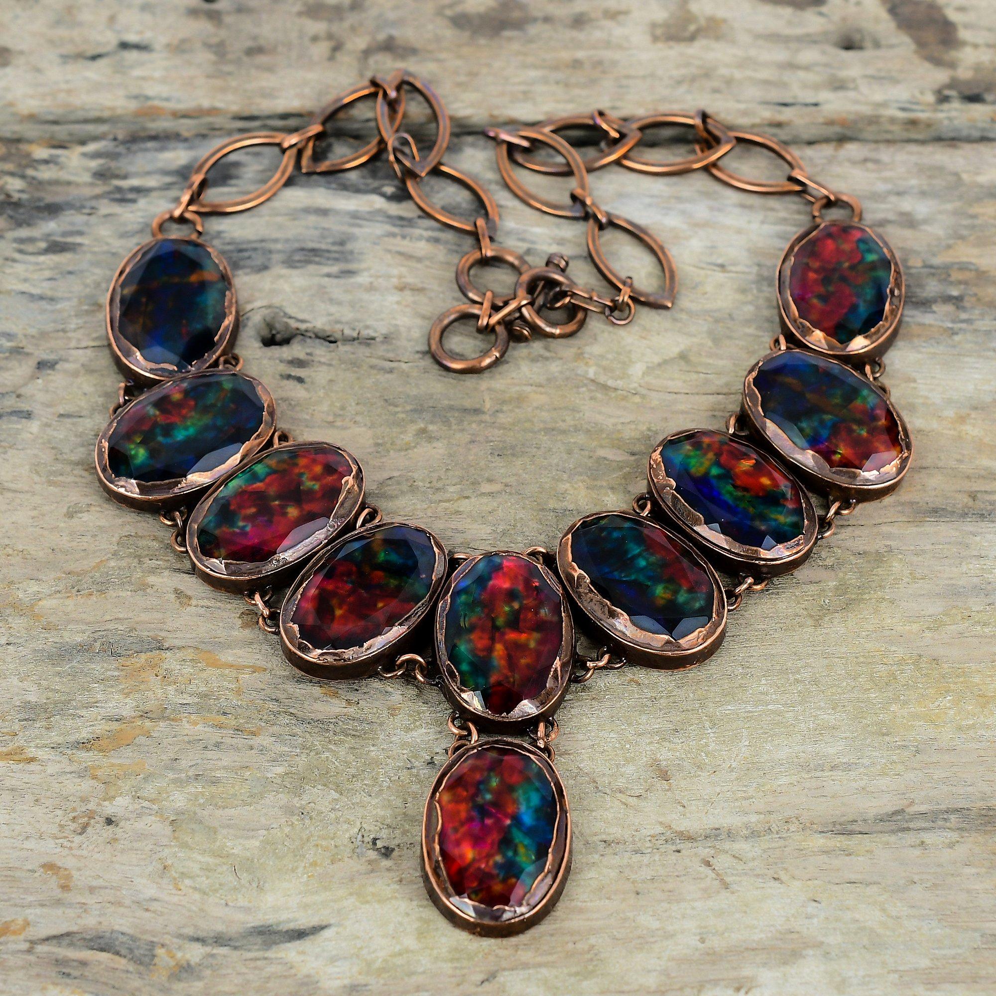 Ожерелье с ограненным аммолитом, ожерелье из электроформованной меди, ожерелье с регулируемой цепочкой, изящное ожерелье из драгоценного камня ручной работы, медные украшения для подарков