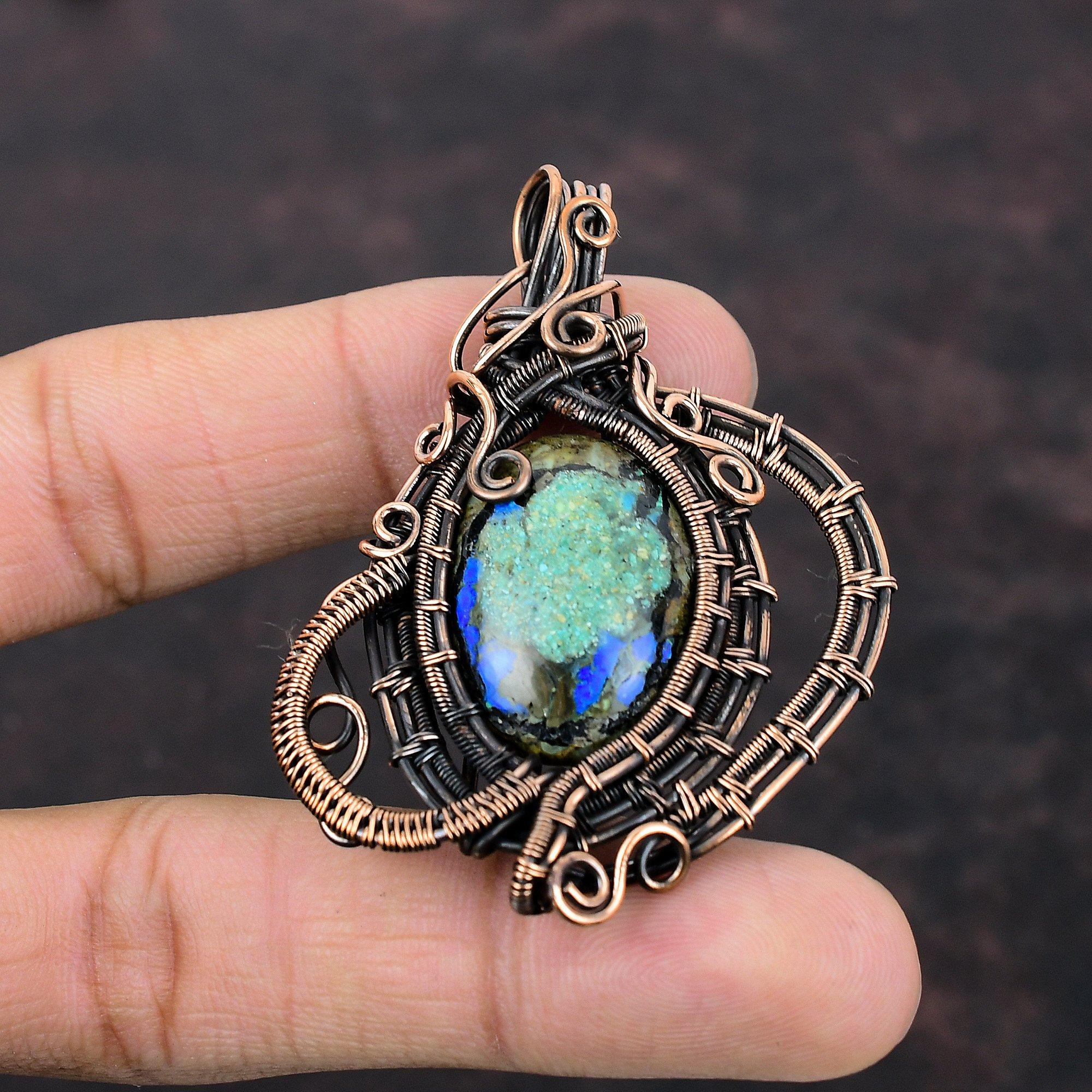 Подвеска из азурита и малахита, медная проволочная обертка, ювелирные изделия, красивая подвеска из драгоценных камней, медная подвеска, ювелирные изделия ручной работы, проволочная обертка, кулон для подарка