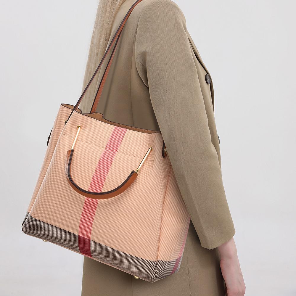 European and American Popular Large Capacity Tote Bag Spring New Fashion Pink Grid Women's Bucket Bag High Grade Texture PU Leather Ladies Handbags