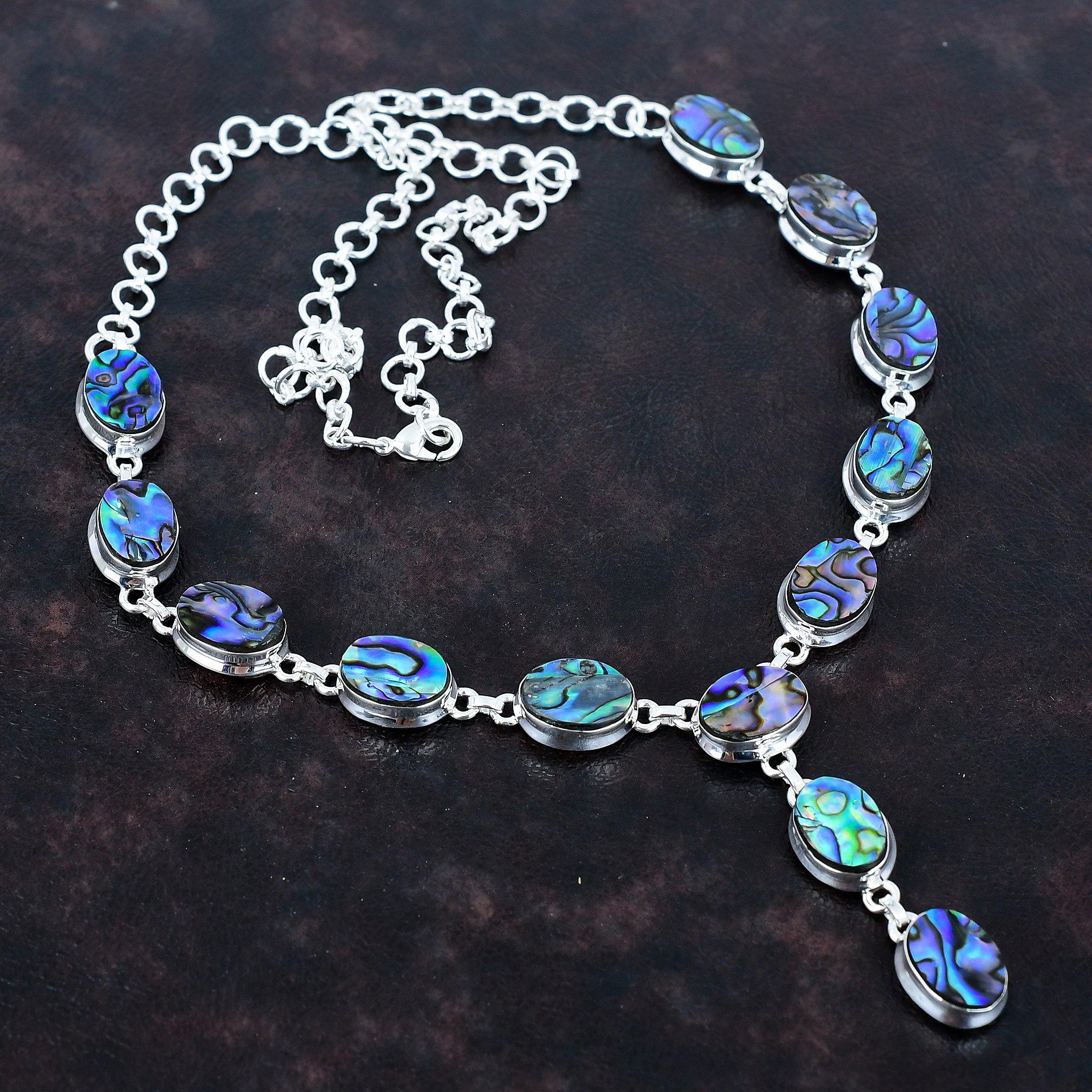 Abalone Shell Necklace Natural Gemstone Necklace 925 Sterling Silver Necklace Handmade Boho Jewelry Adjustable Chain Necklace Gifts for Wife