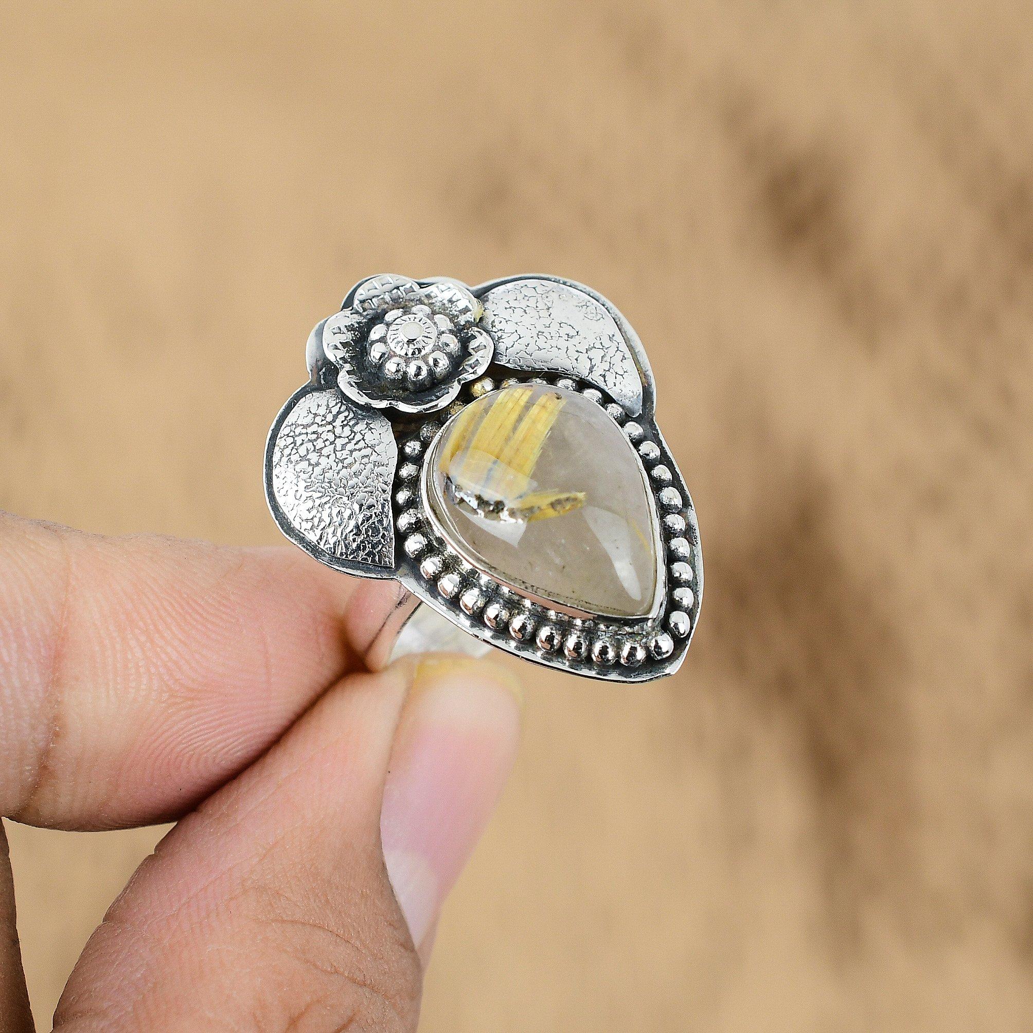 Pear Golden Rutile Stone Promise Birthday Unique Flower Wedding Ring 925 Silver
