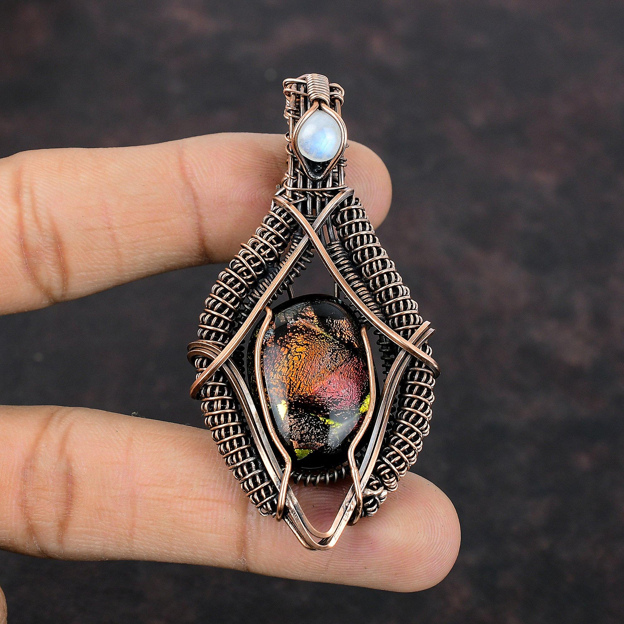 Американский дихроичный стеклянный кулон-самоцвет, обернутый медной проволокой, Ювелирные изделия, Кулон из радужного лунного камня, Украшения ручной работы, Медный кулон, Подарок для него