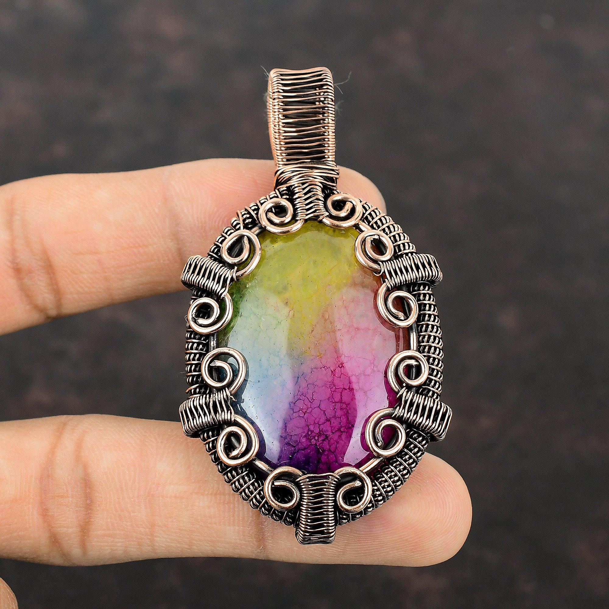 Rainbow Solar Quartz Druzy Pendant Copper Wire Wrapped Gemstone Jewelry Copper Pendant Handmade Brand New Pendant Wire Wrap Pendant For Gift