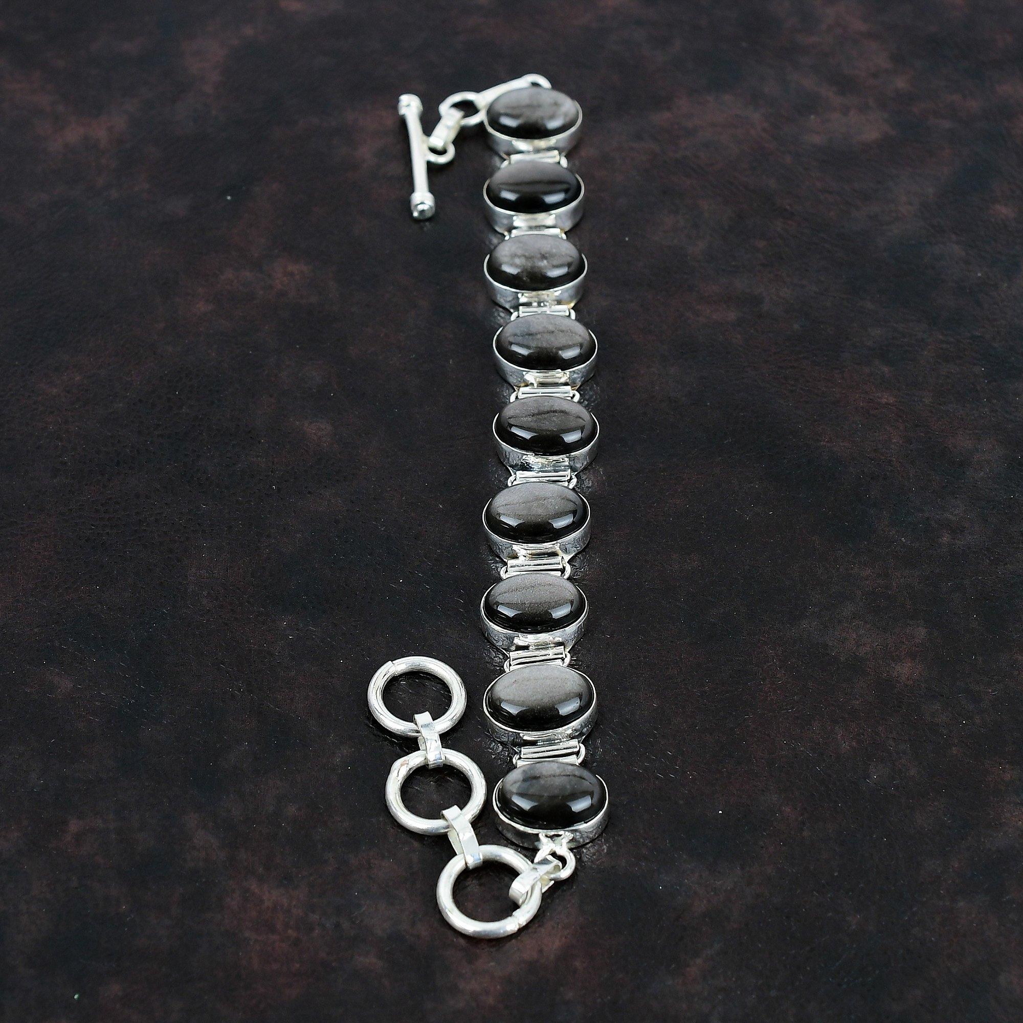 Серебряный браслет из обсидиана, браслет из стерлингового серебра 925 пробы, регулируемый браслет-цепочка, ювелирные изделия ручной работы, браслет из настоящего драгоценного камня, подарки для нее