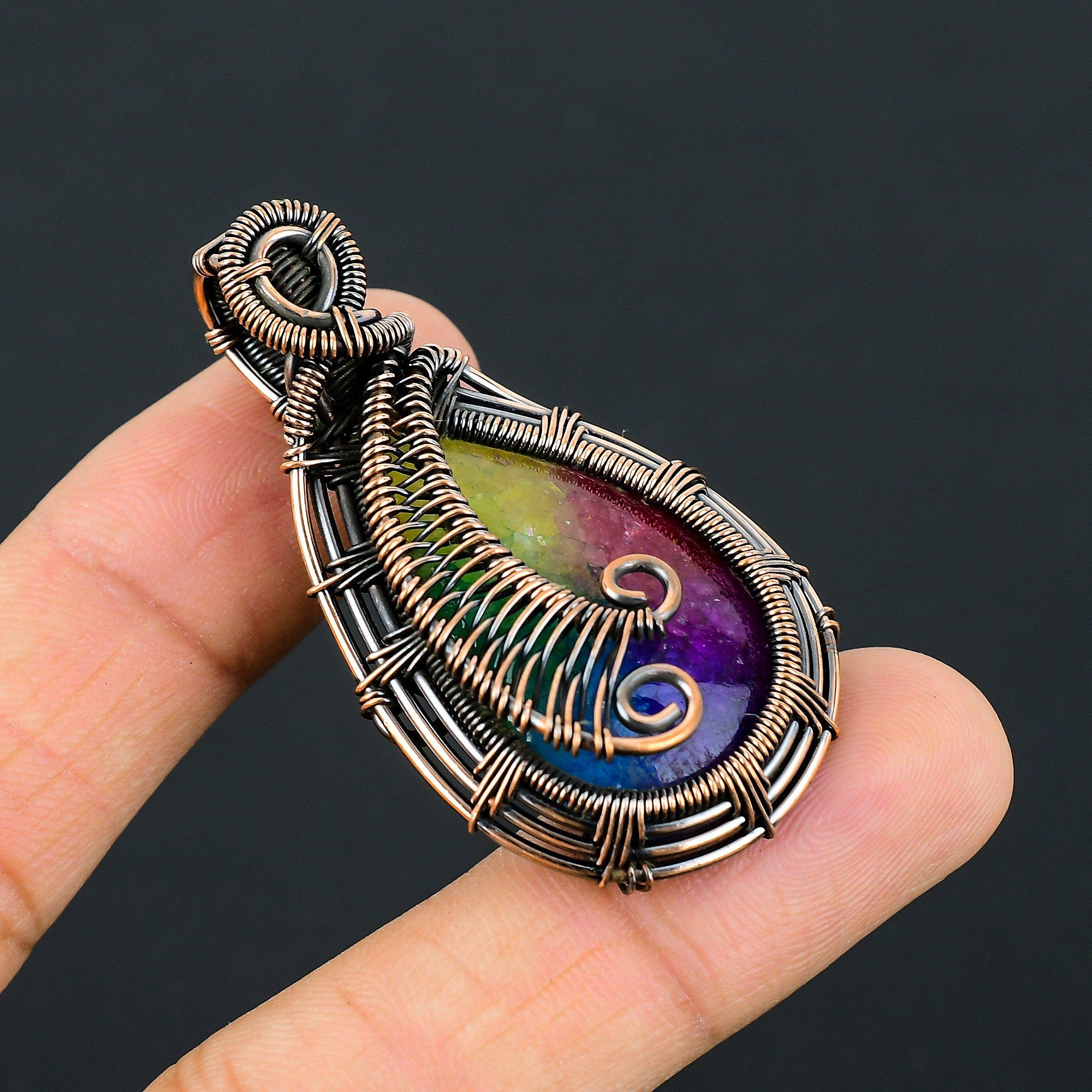 Rainbow Solar Quartz Gemstone Pure Copper Wire Wrapped Handmade Pendant Jewelry For New Year Gift