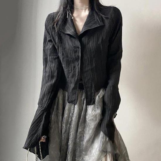 Черные рубашки для женщин, плиссированная блузка на пуговицах, готический стиль, тонкий топ с длинными рукавами, модная винтажная женская одежда Y2k, большие размеры