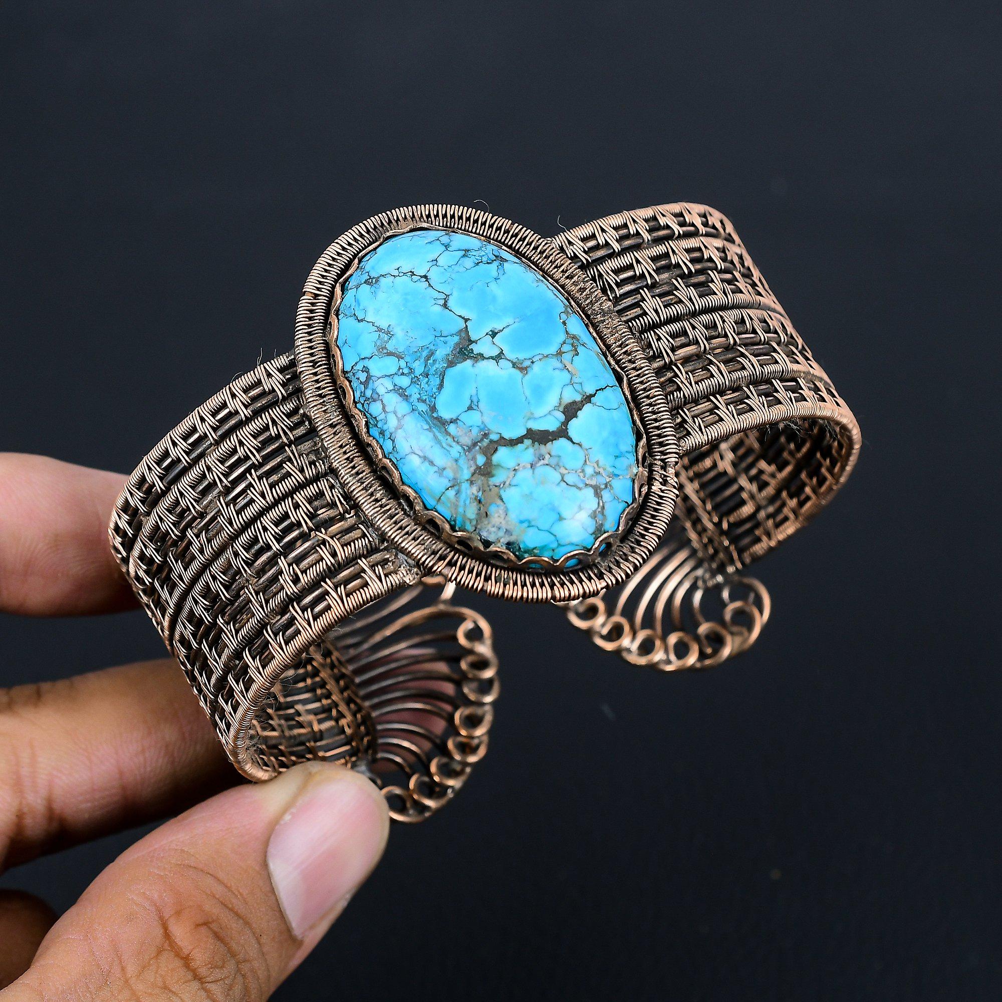 Драгоценный камень бирюзовый, чистая медная проволока, завернутая в манжеты/браслет ручной работы, регулируемые ювелирные изделия