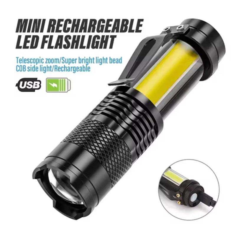 Portable LED Flashlight with Zoom Function USB Rechargeable, COB+XPE Light, Waterproof Outdoor Torch for Camping, Emergency, Hiking