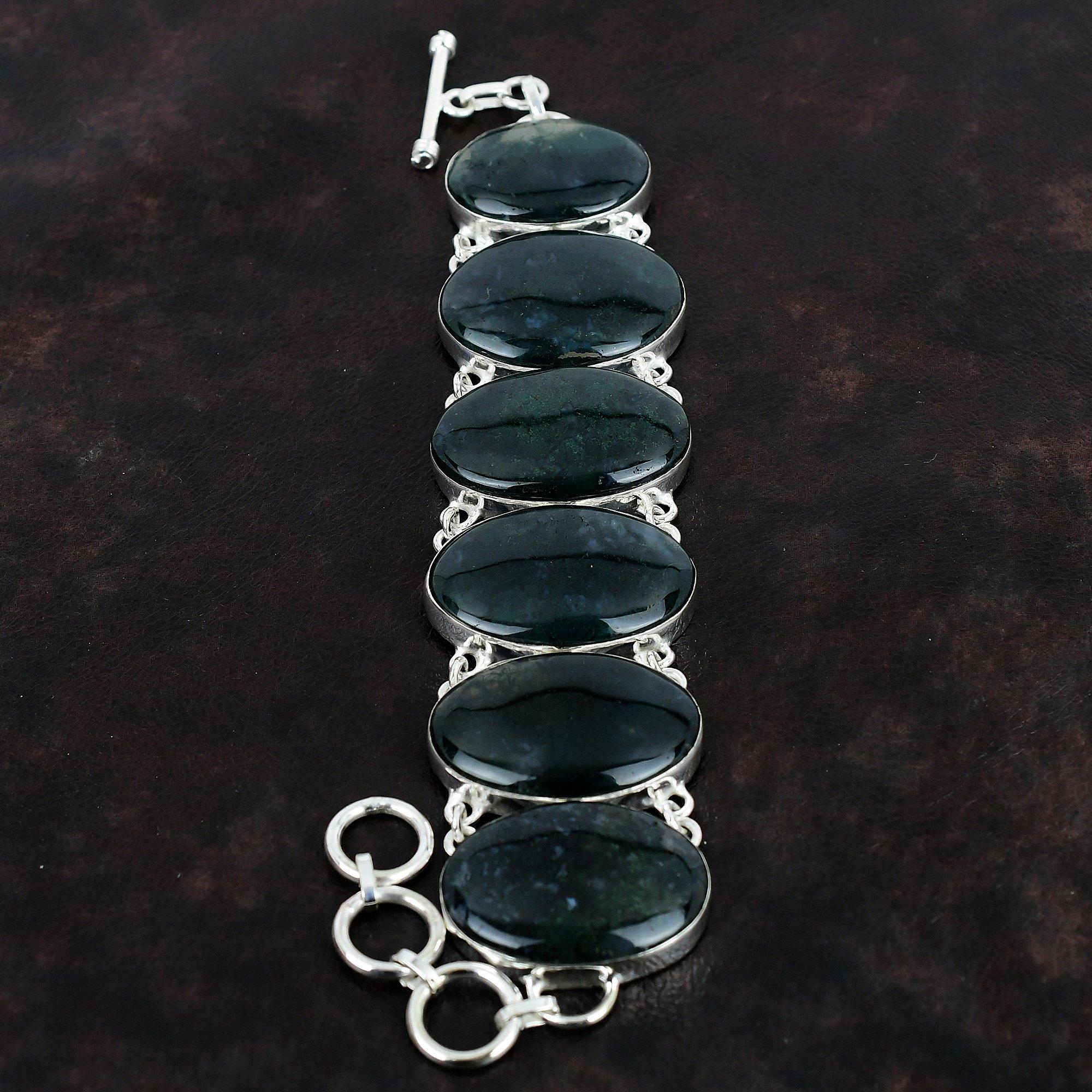 Браслет из мохового агата Браслет из натурального драгоценного камня Браслет из стерлингового серебра 925 пробы Регулируемый браслет-цепочка ручной работы Новый ювелирный подарок для папы