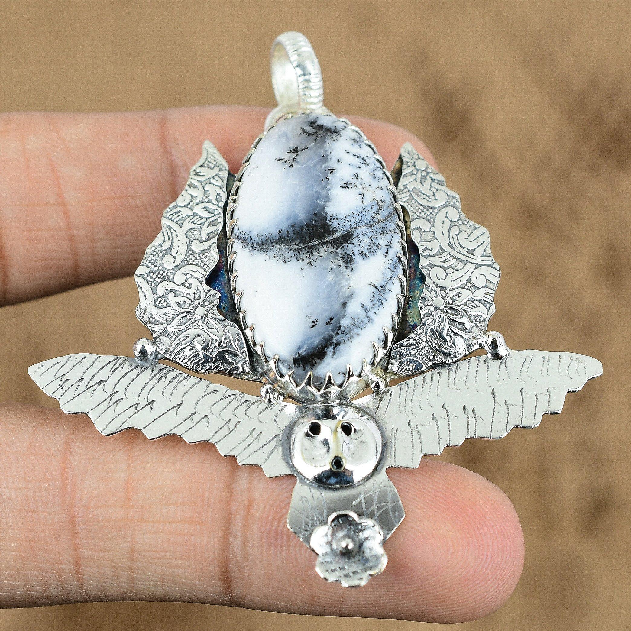 Gift For Women Pendant Owl 925 Sterling Silver Natural Dendrite Opal Gemstone