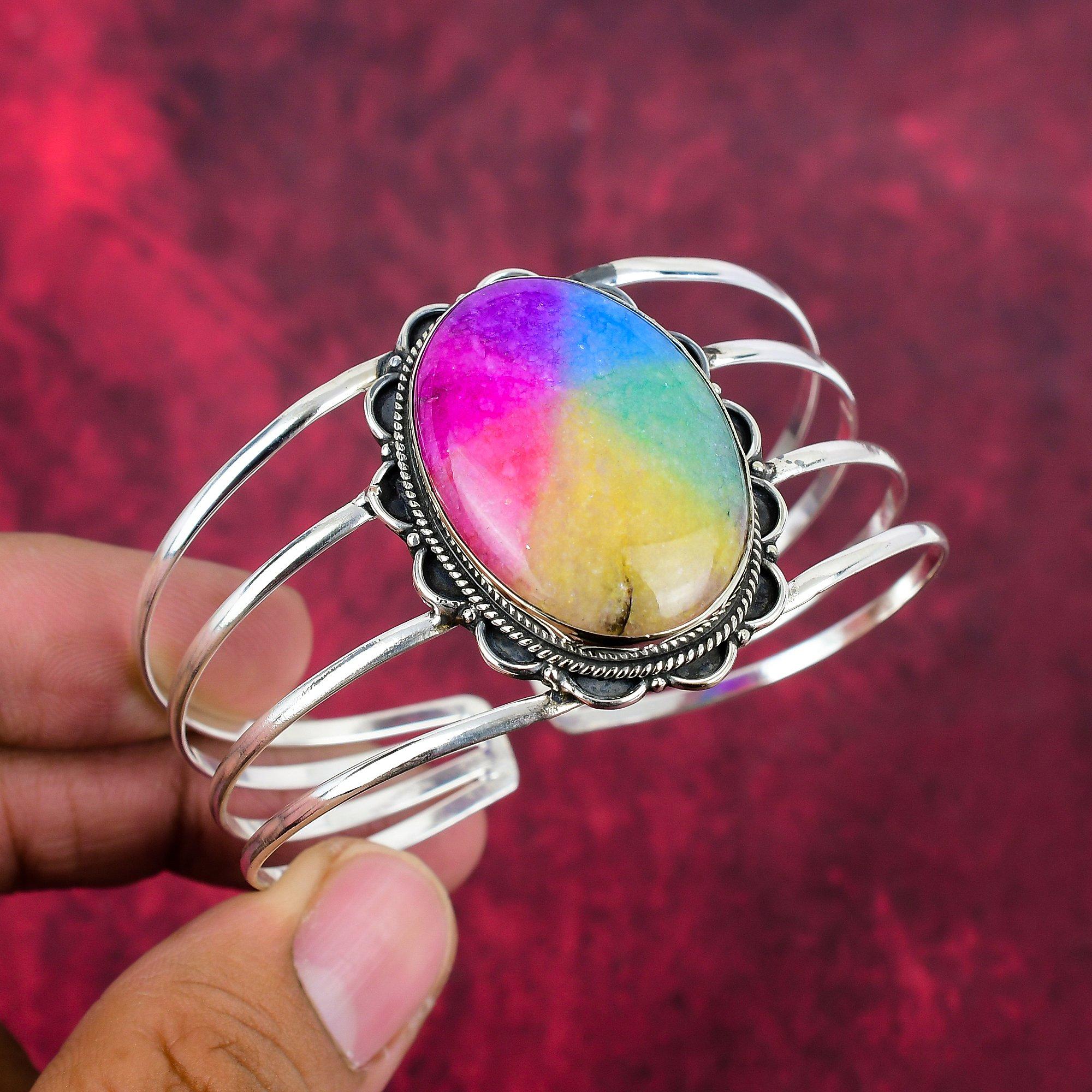 Радужный солнечный кварцевый браслет, 925 пробы сплошной браслет из стерлингового серебра с драгоценными камнями, браслет ручной работы для свадебного подарка