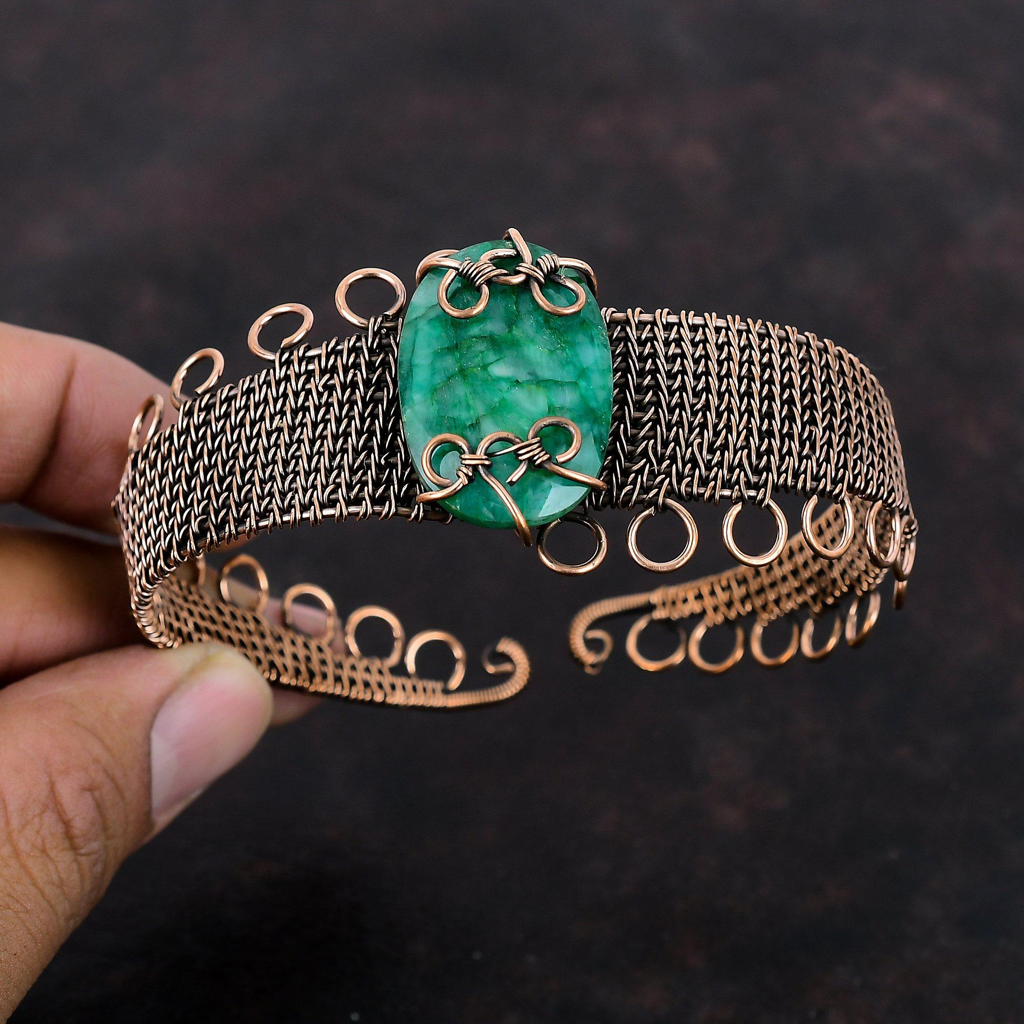 Faceted Zambian Emerald Gemstone Bangle Copper Wire Wrapped Cuff Bracelet Adjustable Bangle Copper Jewelry For Gift Handmade Elegant Bangle