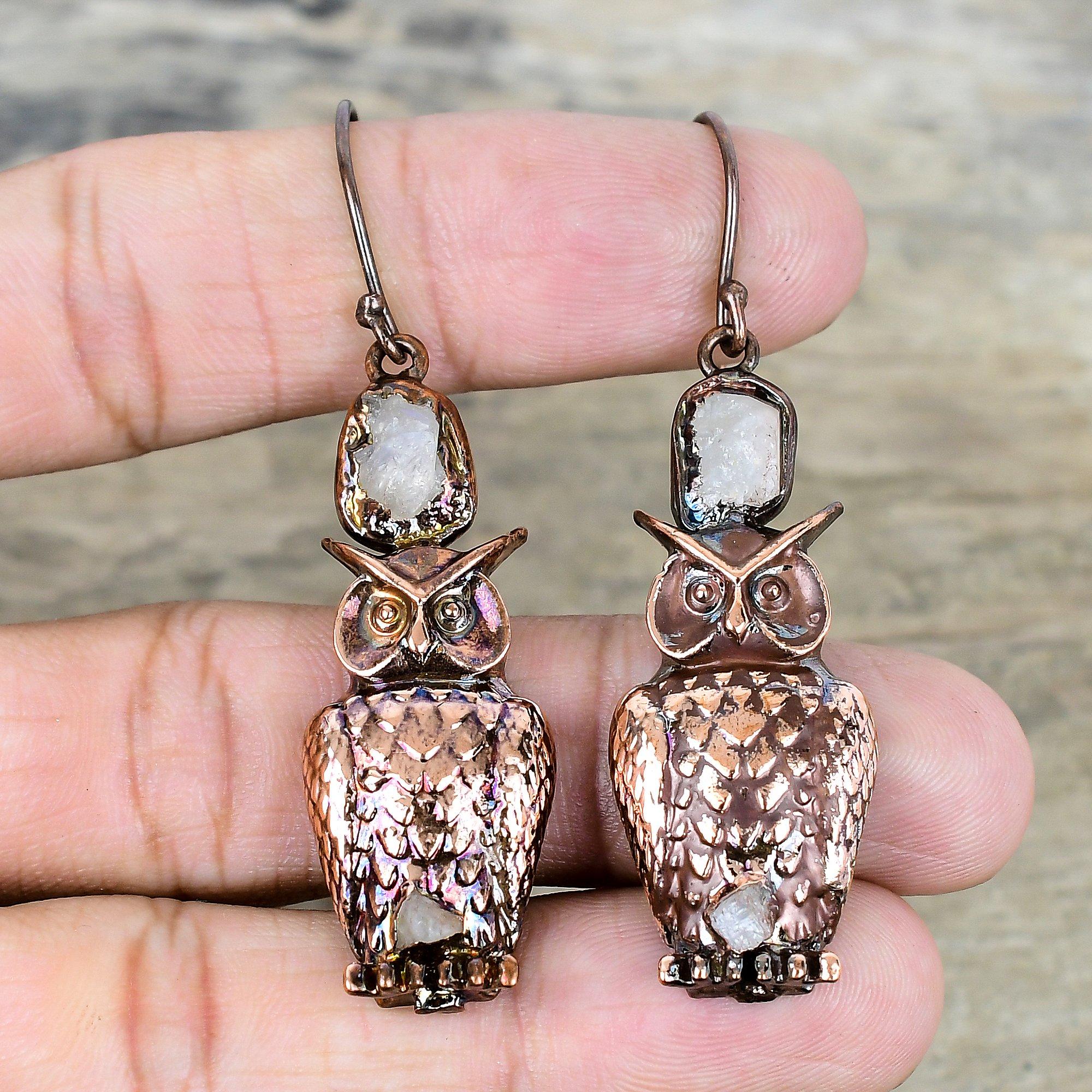 Rainbow Moonstone Rough Earring Electroformed Copper Earrings Gemstone Earring Handmade Copper Jewelry Owl Drop Earrings Anniversary Gifts