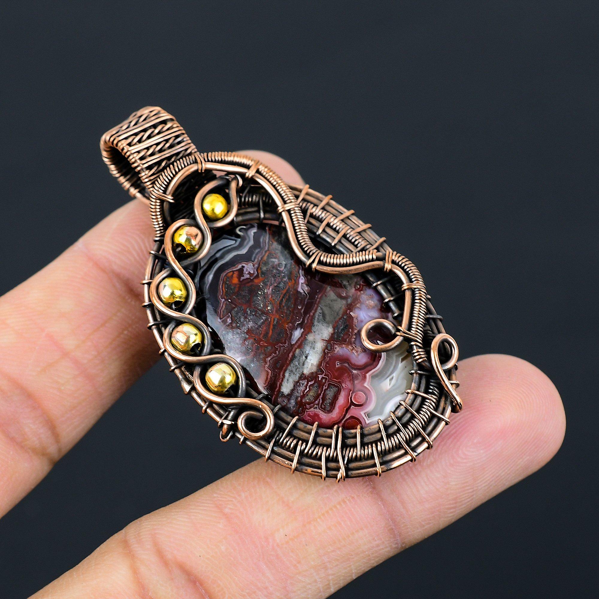 Crazy Lace Agate Gemstone Pure Copper Wire Wrapped Handmade Pendant Jewelry For Her
