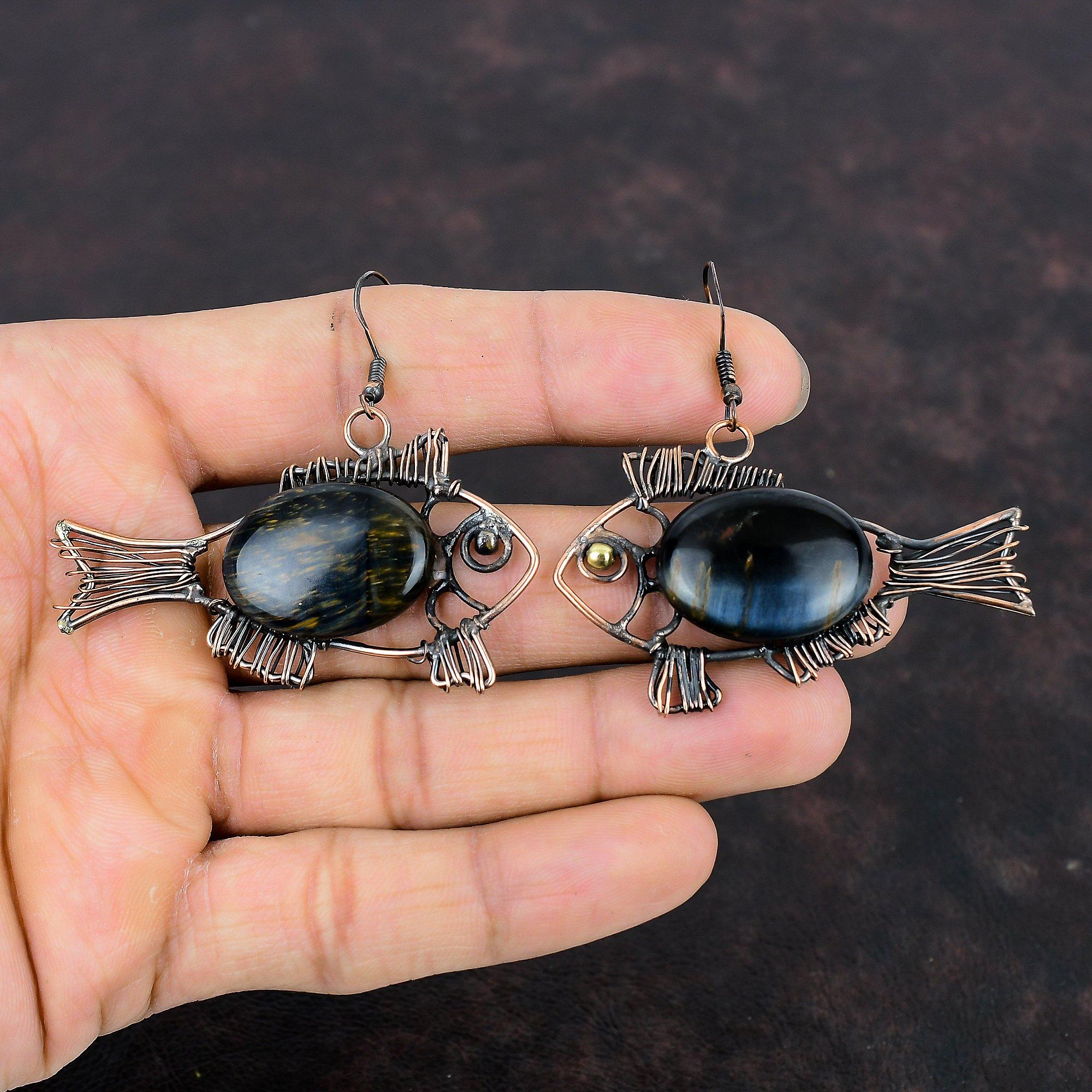 Серьги Pietersite, медная проволочная обернутая серьга, серьги ручной работы, медные украшения, уникальные серьги в форме рыб, настоящие серьги из драгоценных камней, подарки для женщин