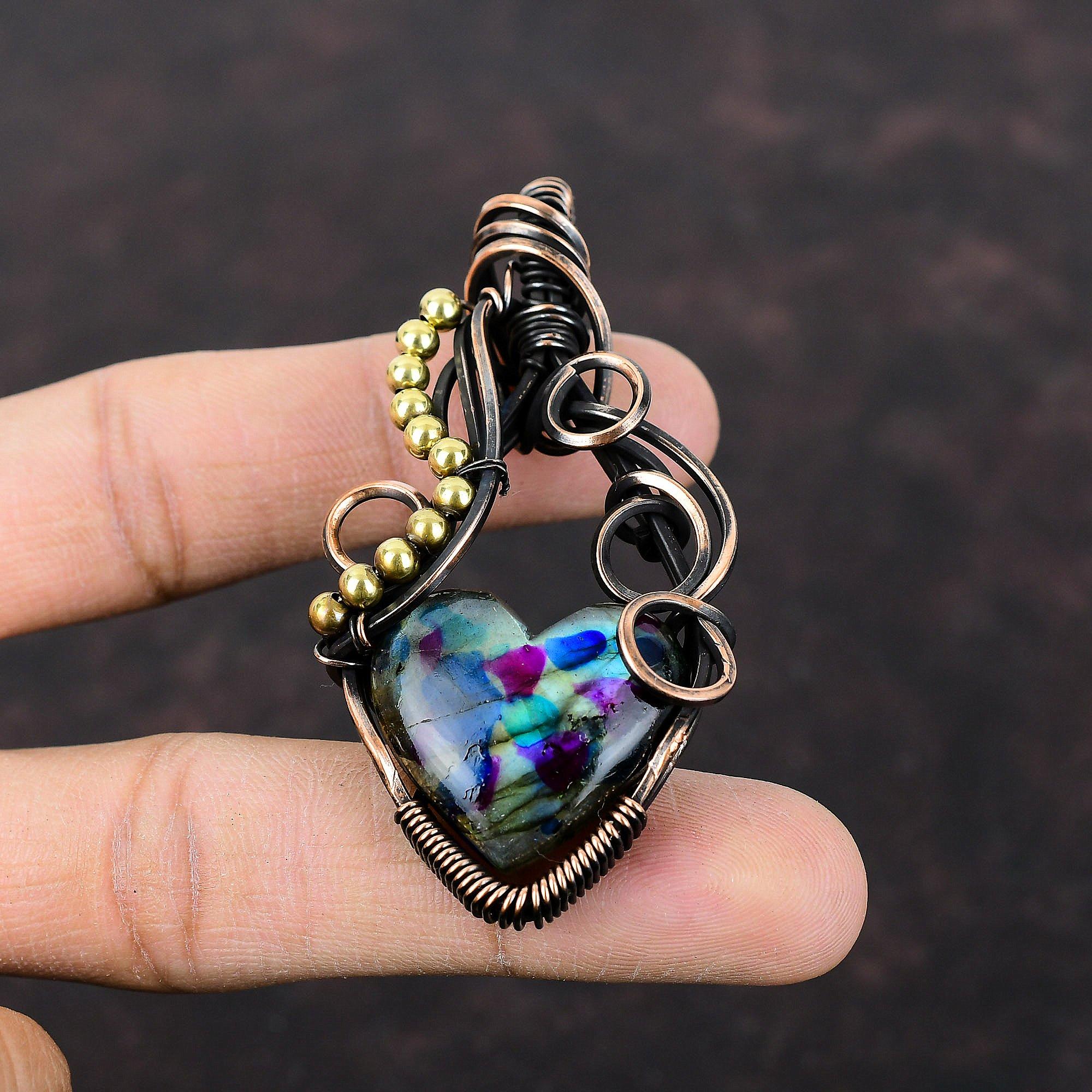 Кулон из нескольких огненных лабрадоритов, кулон с драгоценными камнями, кулон из медной проволоки, кулон ручной работы, кулон из медной проволоки, ювелирный подарок для мамы, уникальный кулон
