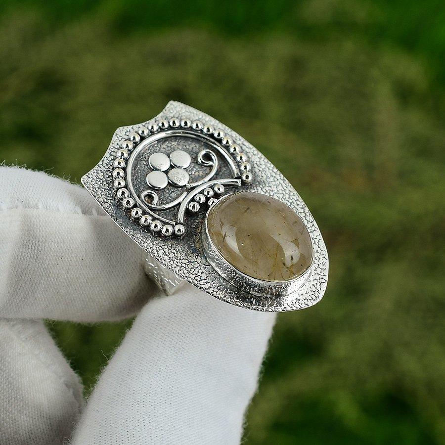 Friendship Day Deal 925 Silver Oval Golden Rutile Gemstone Promise Mother Ring