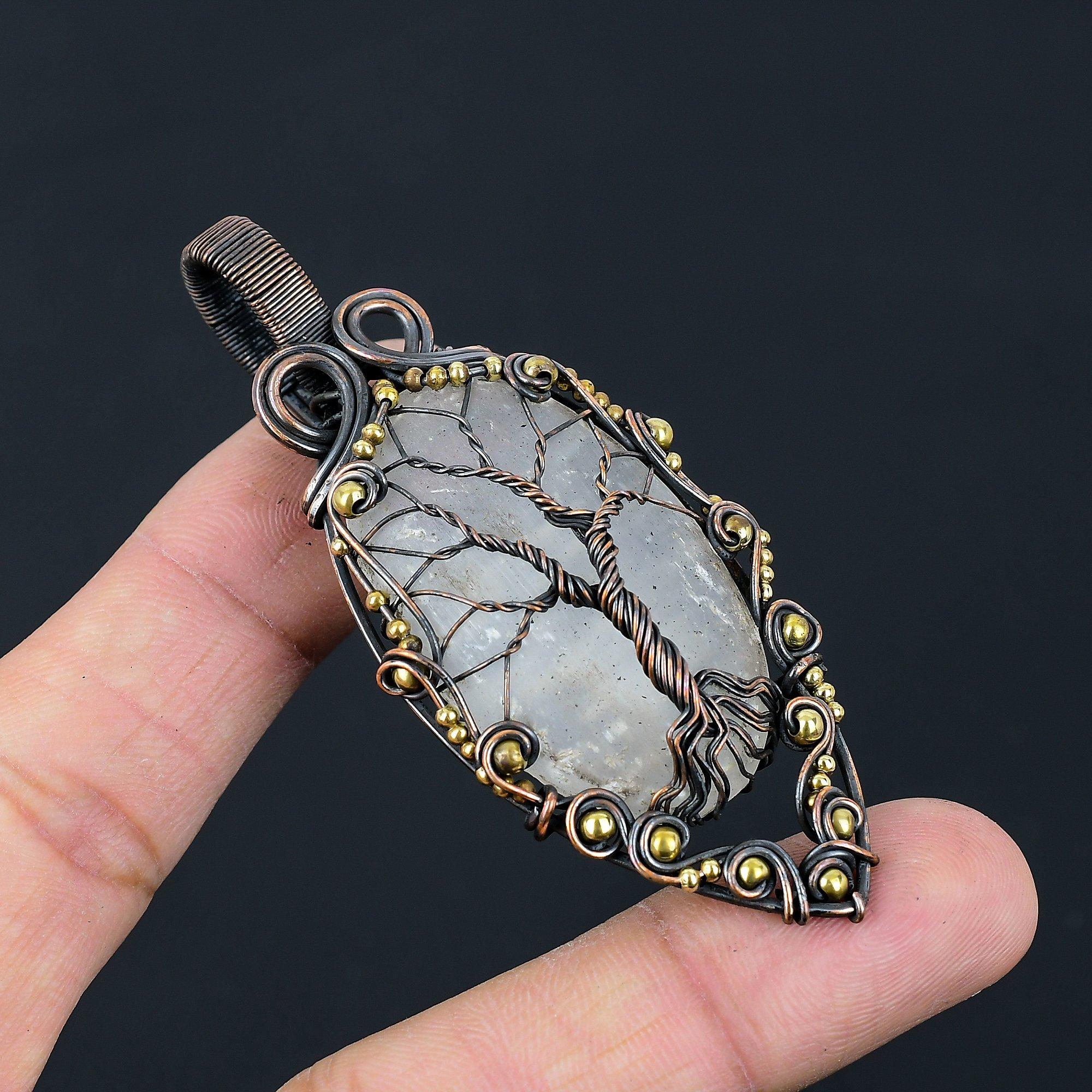 Tree Of Life Selenite Gemstone Pure Copper Wire Wrapped Handmade Pendant Jewelry