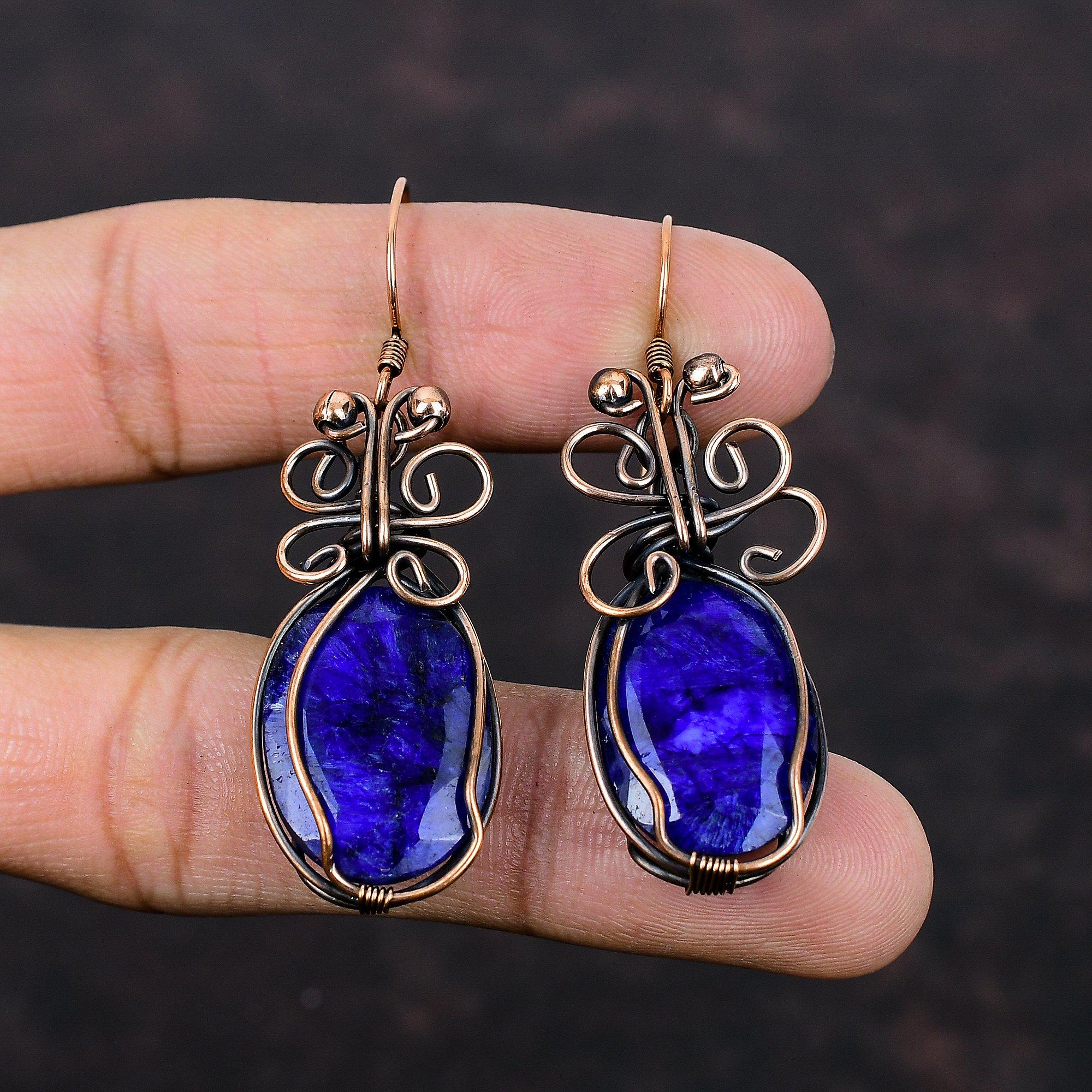 Серьги с граненым синим сапфиром, обернутые медной проволокой, серьги ручной работы, изящные драгоценные камни, серьги в обертке из медной проволоки, подарок для матери