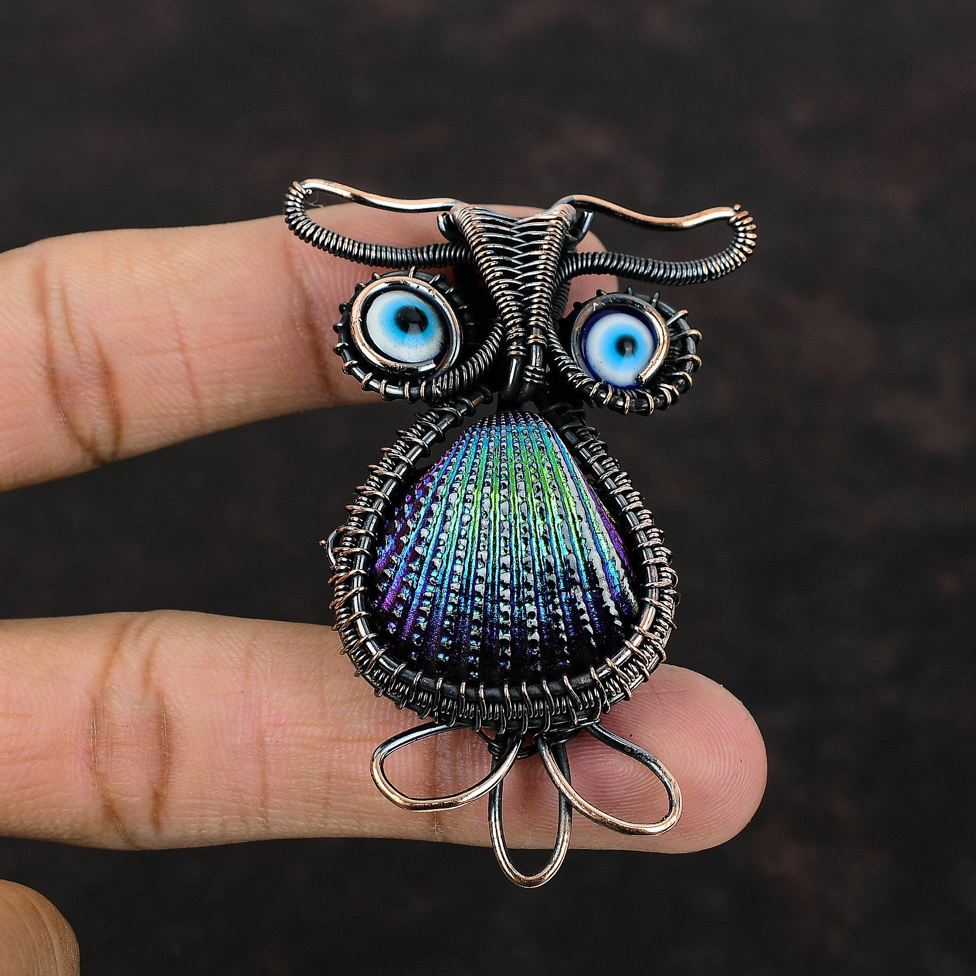 Медный кулон в виде ракушки с титановым покрытием Синий цвет Кулон от сглаза Проволочная подвеска с драгоценным камнем Подвески в виде совы Медные дизайнерские украшения ручной работы