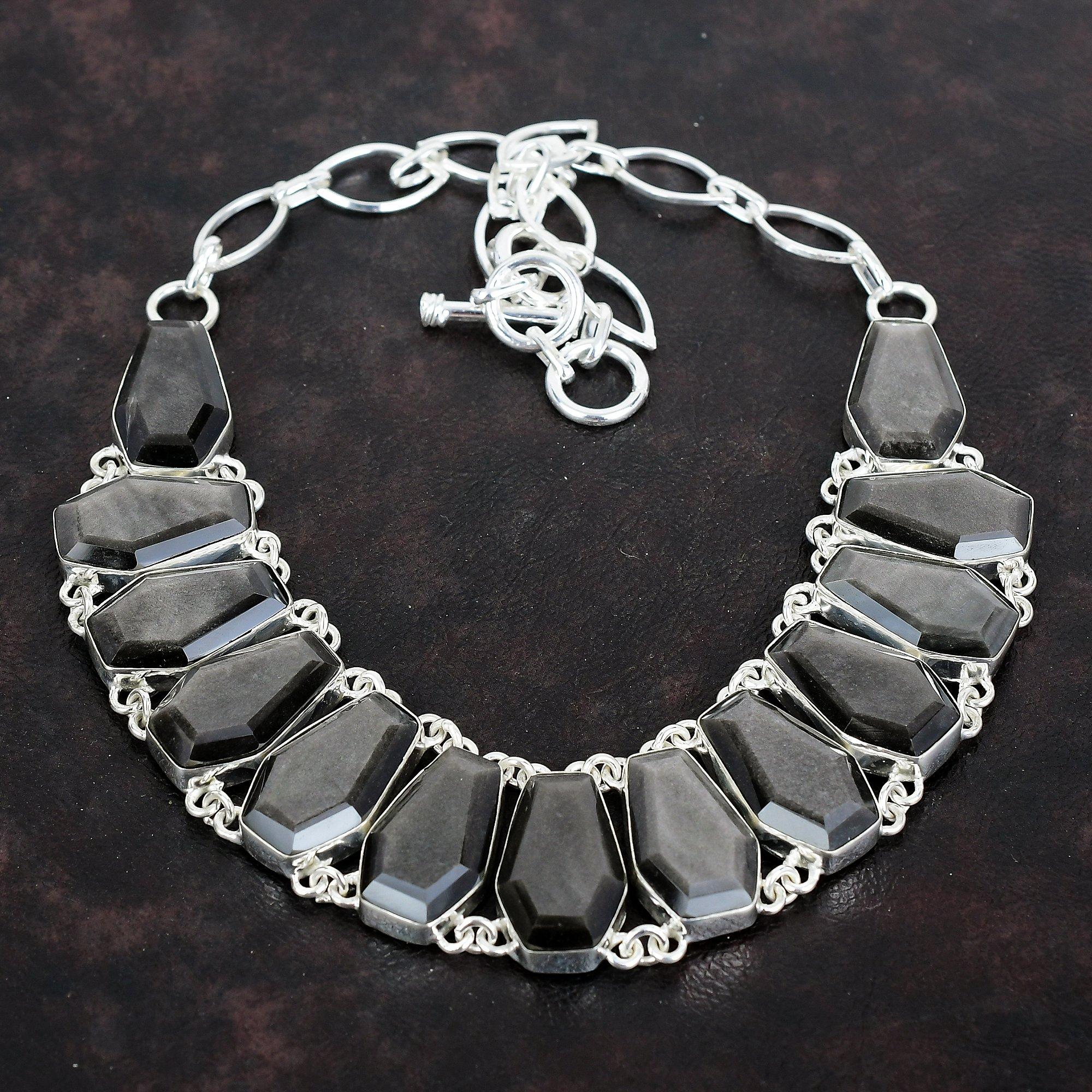 Faceted Silver Sheen Obsidian Necklace 925 Sterling Silver Necklace Adjustable Chain Necklace Handmade Jewelry Gemstone Necklace for Gifts