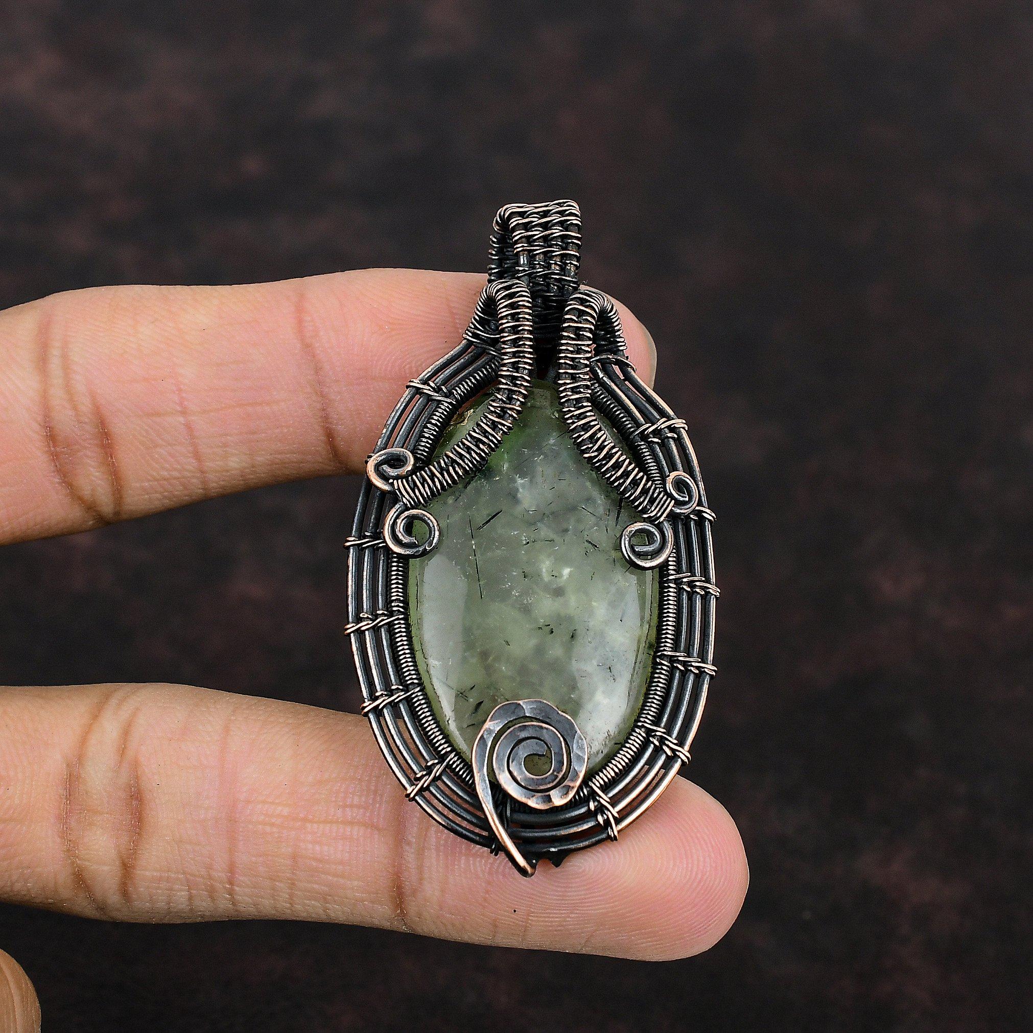 Moss Prehnite Pendant Copper Wire Wrapped Pendant Gemstone Pendant Moss Prehnite Copper Jewelry For Gift Handmade Pendant Wire Wrap Jewelry