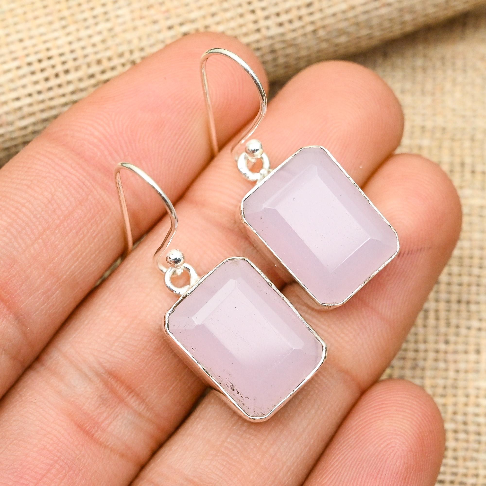 Pink Chalcedony Gemstone 925 Sterling Silver Handmade Lovely Jewelry Earrings For Women