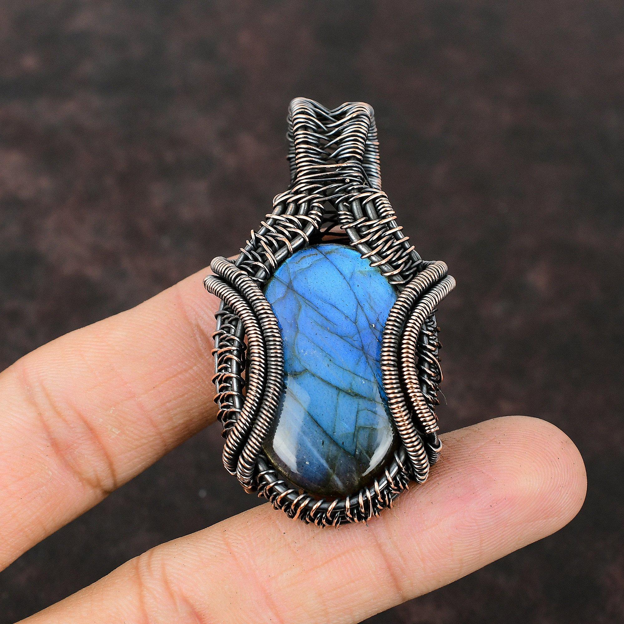 Подвеска из медной проволоки с лабрадоритом, подвеска из драгоценного камня ручной работы, дизайнерская подвеска из медного лабрадорита для женщин, ювелирные изделия с проволочной обмоткой