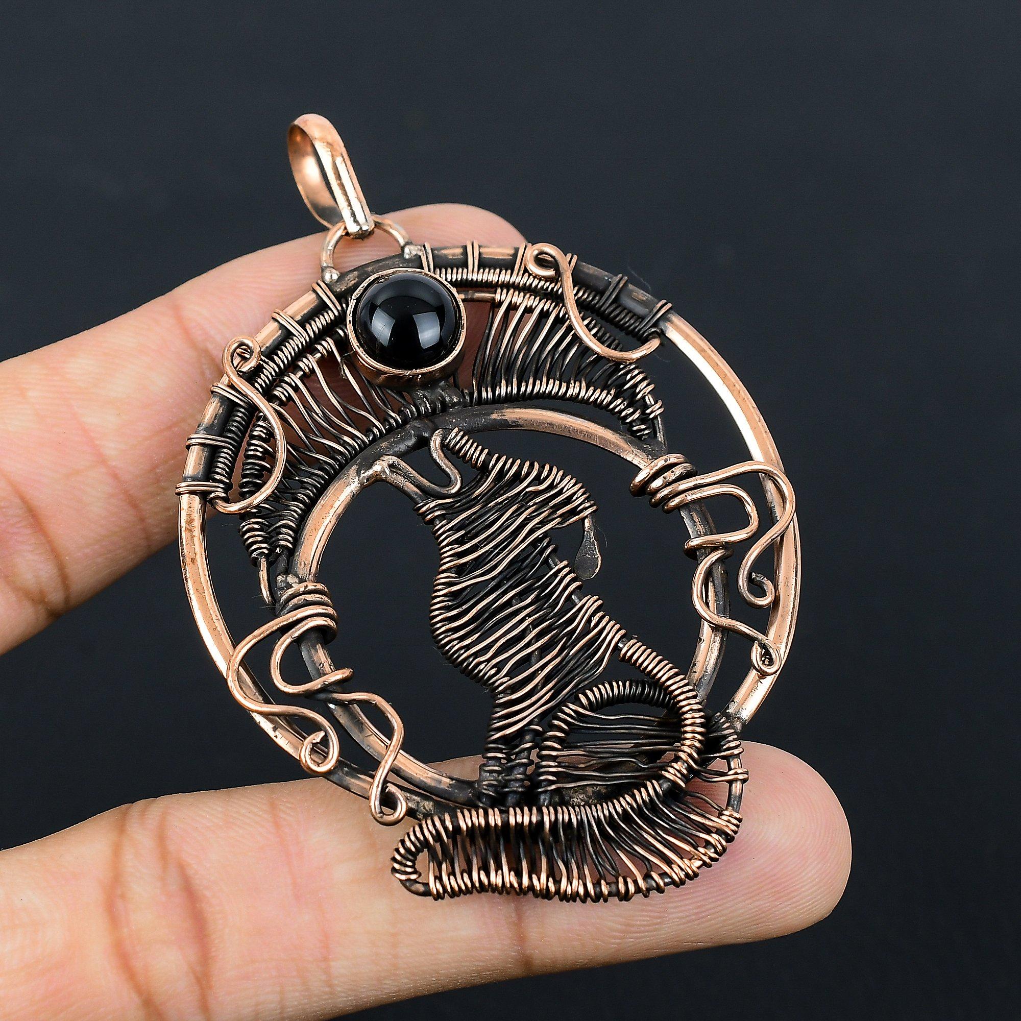 Черный драгоценный камень оникс чистая медная проволока обернутая ювелирные изделия ручной работы кулон