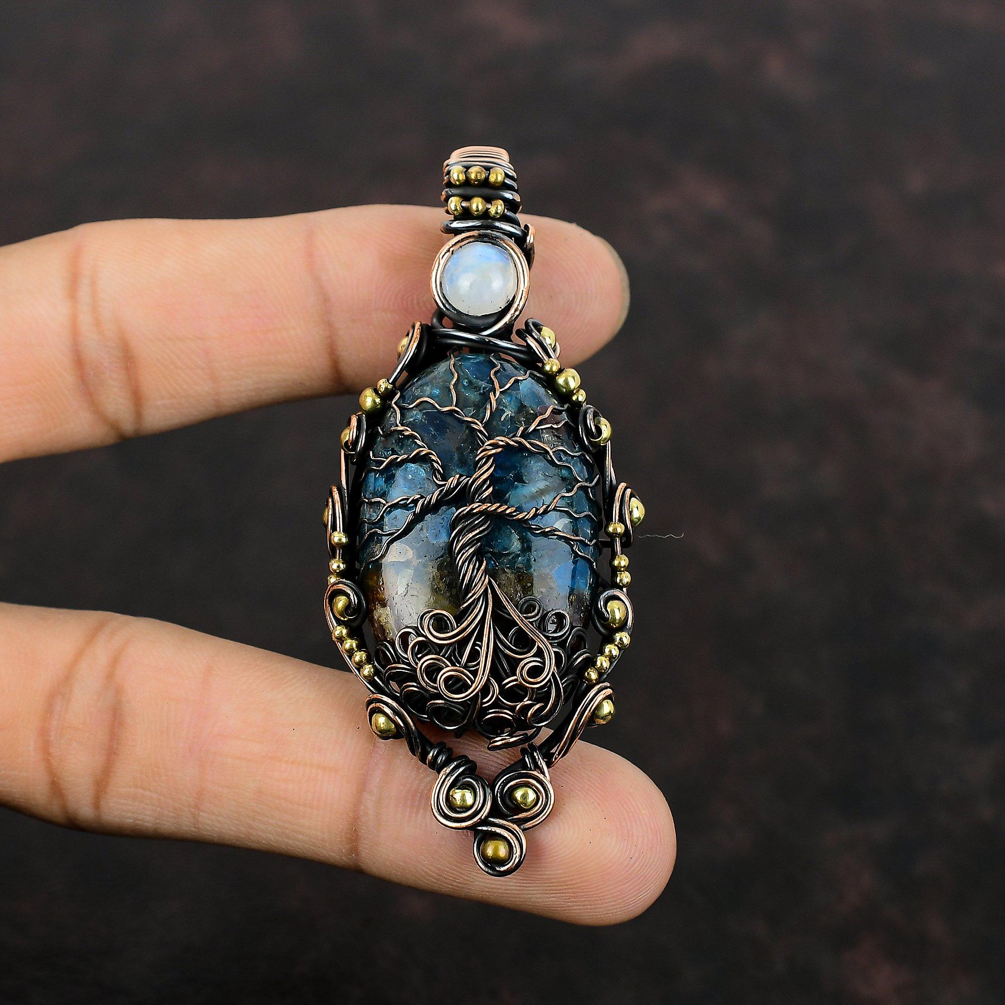 Древо жизни Подвеска с арбузом и турмалином Медная проволока Кулон в обертке Радуга Лунный камень Подвеска из драгоценного камня Медные украшения ручной работы для подарка